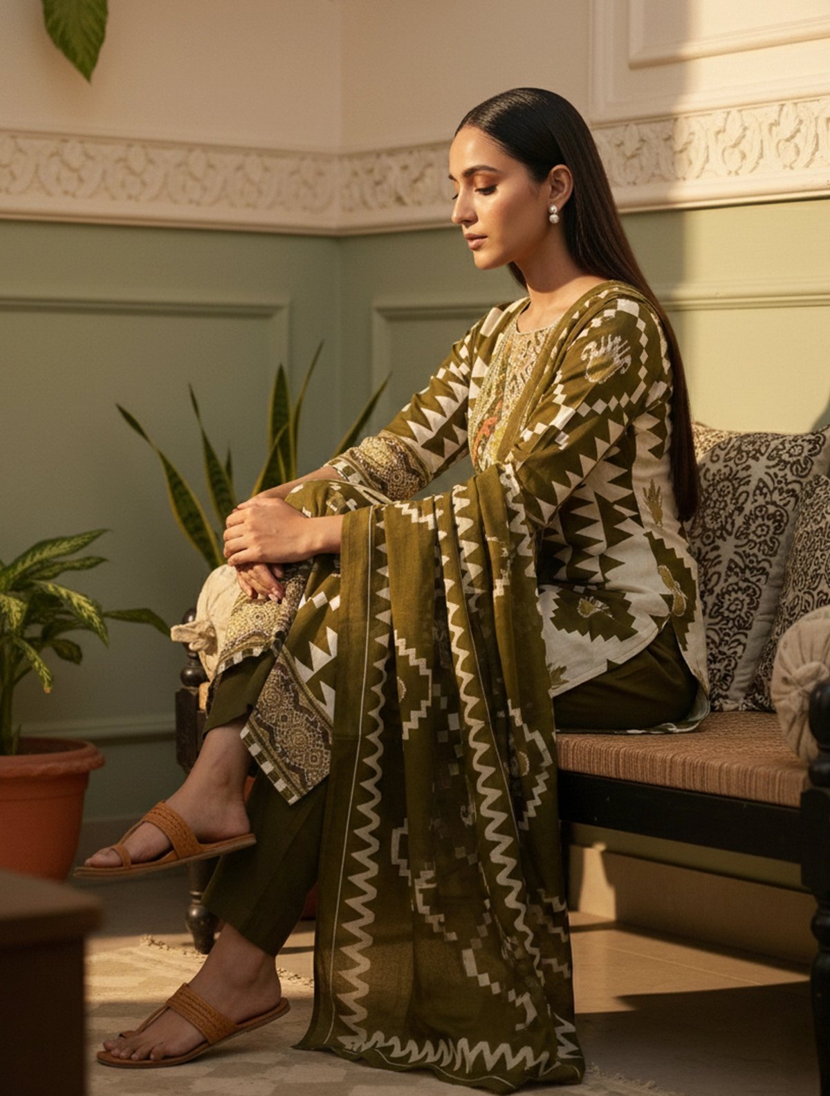 Olive Green Printed Straight Kurta Pant Dupatta Set