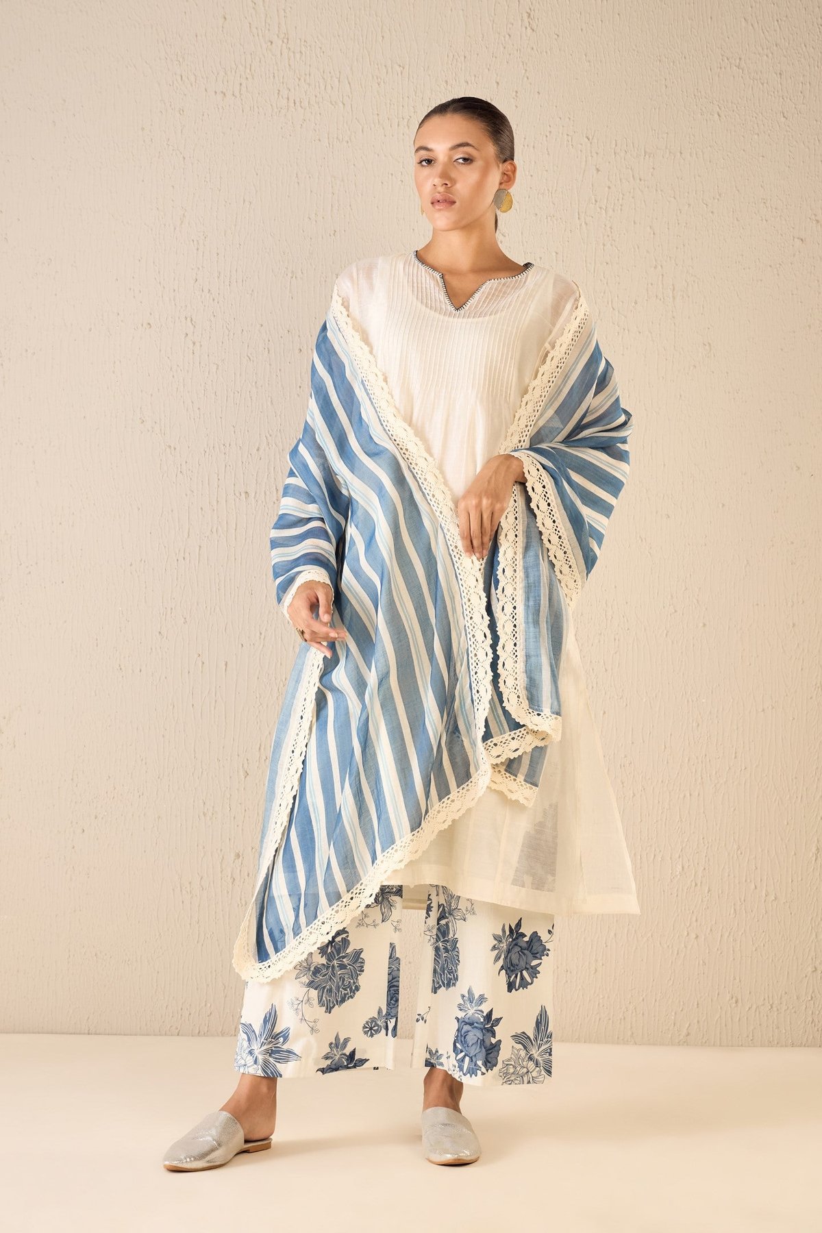 Floral Odyssey: Ivory Pintuck Choga Set