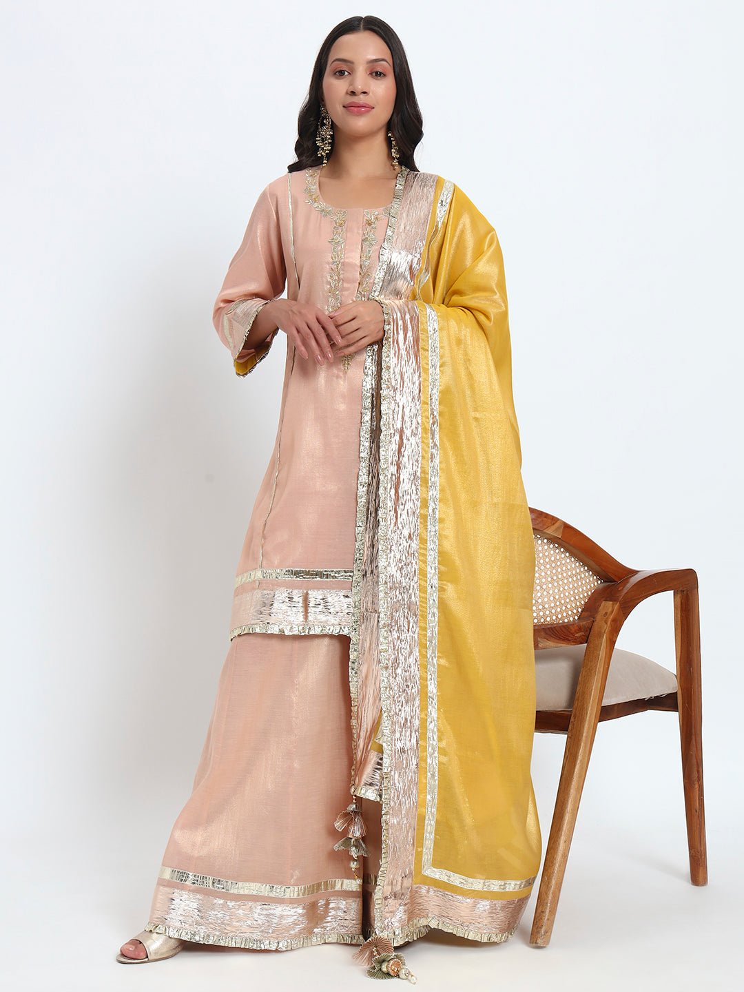 Peach Cotton Tissue Kurta Sharara Set With Gotta Patti