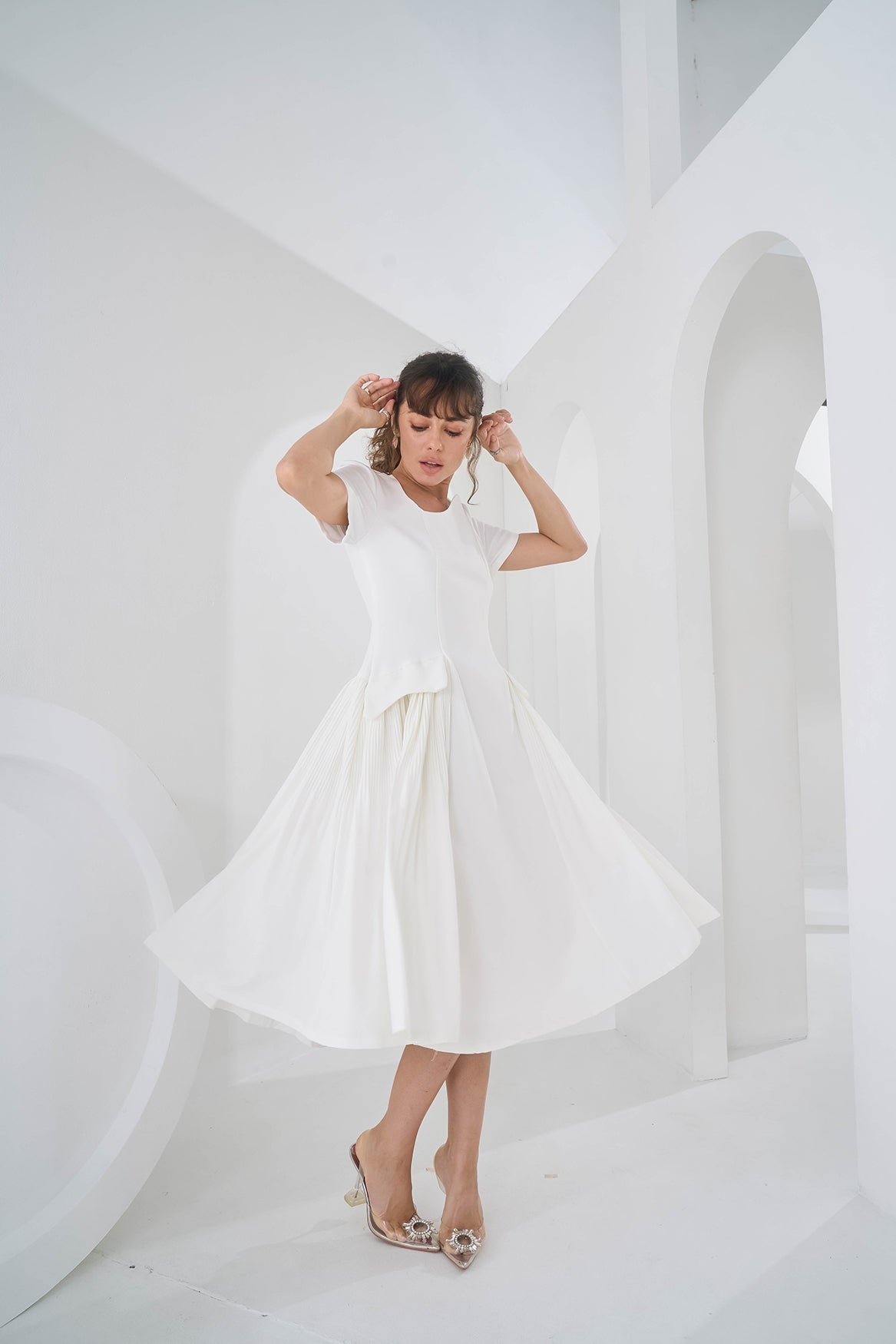 White Crepe Fit and Flare Midi Dress
