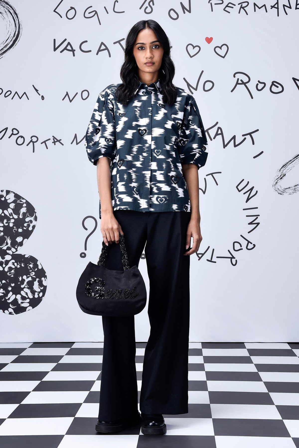 Black Ikkat Print Poplin Shirt with 3/4 Puff Sleeves