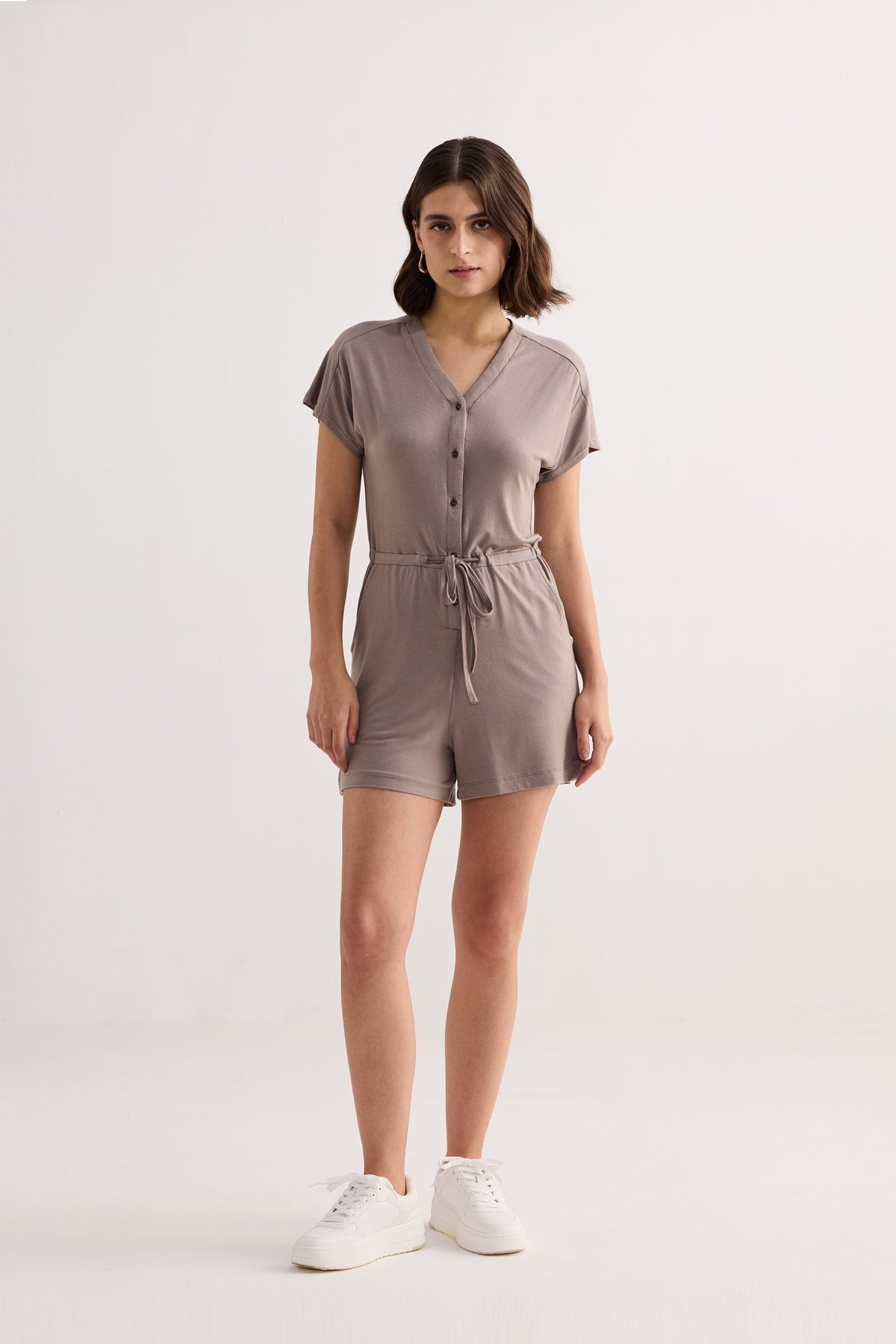 V Neck Drawstring Knit Romper