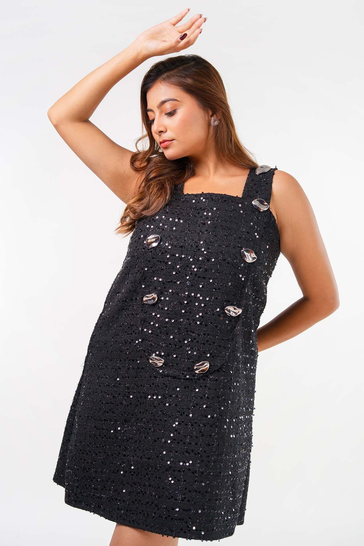 Black Sequins Tweed A-Line Mini Dress