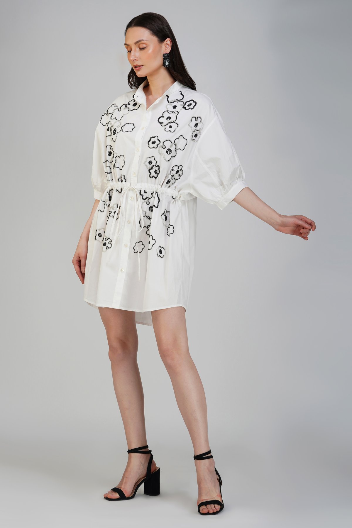 Ivory Cotton Shirt Dress with Black Floral Embroidery