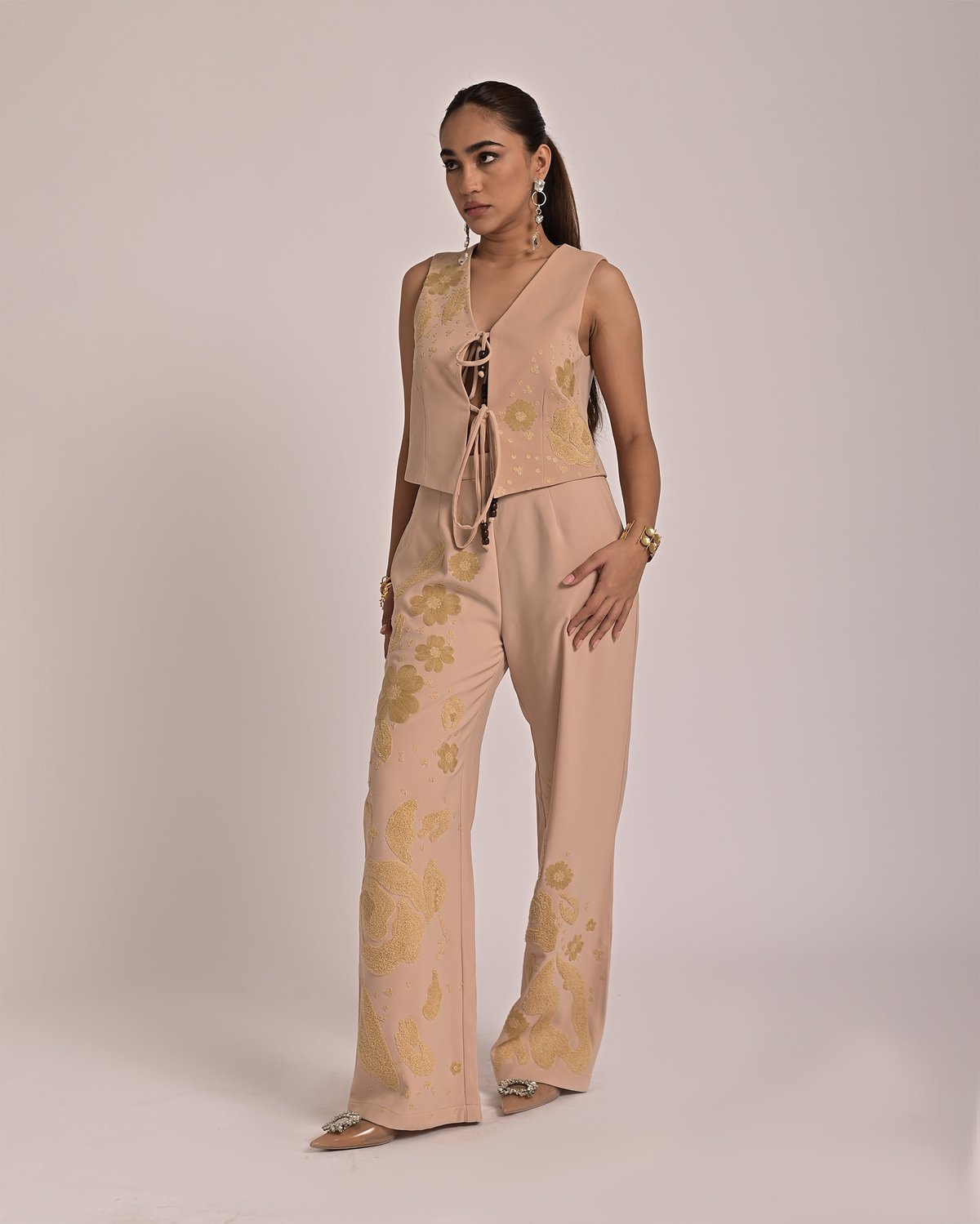 Beige V-Neck Embroidered Tie-Up Waistcoat