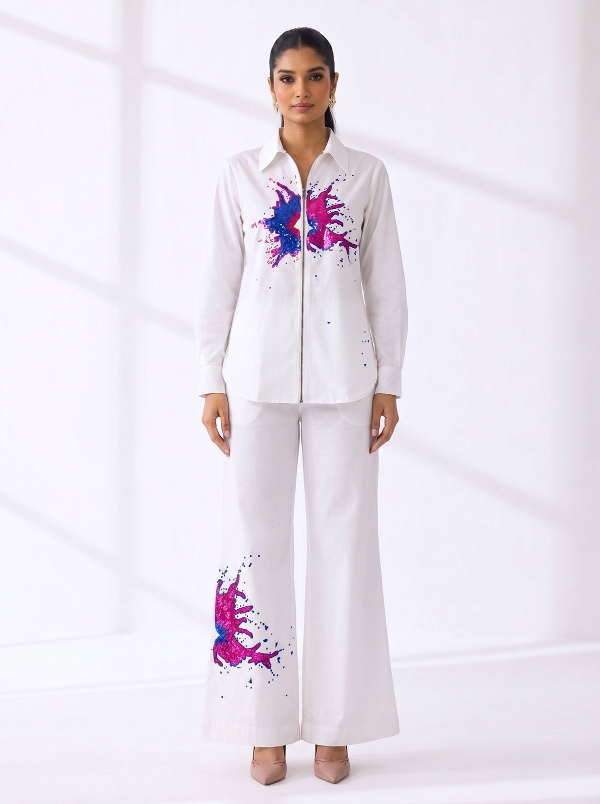 White Zip-Front Shirt and Wide-Leg Pants Co-ord Set