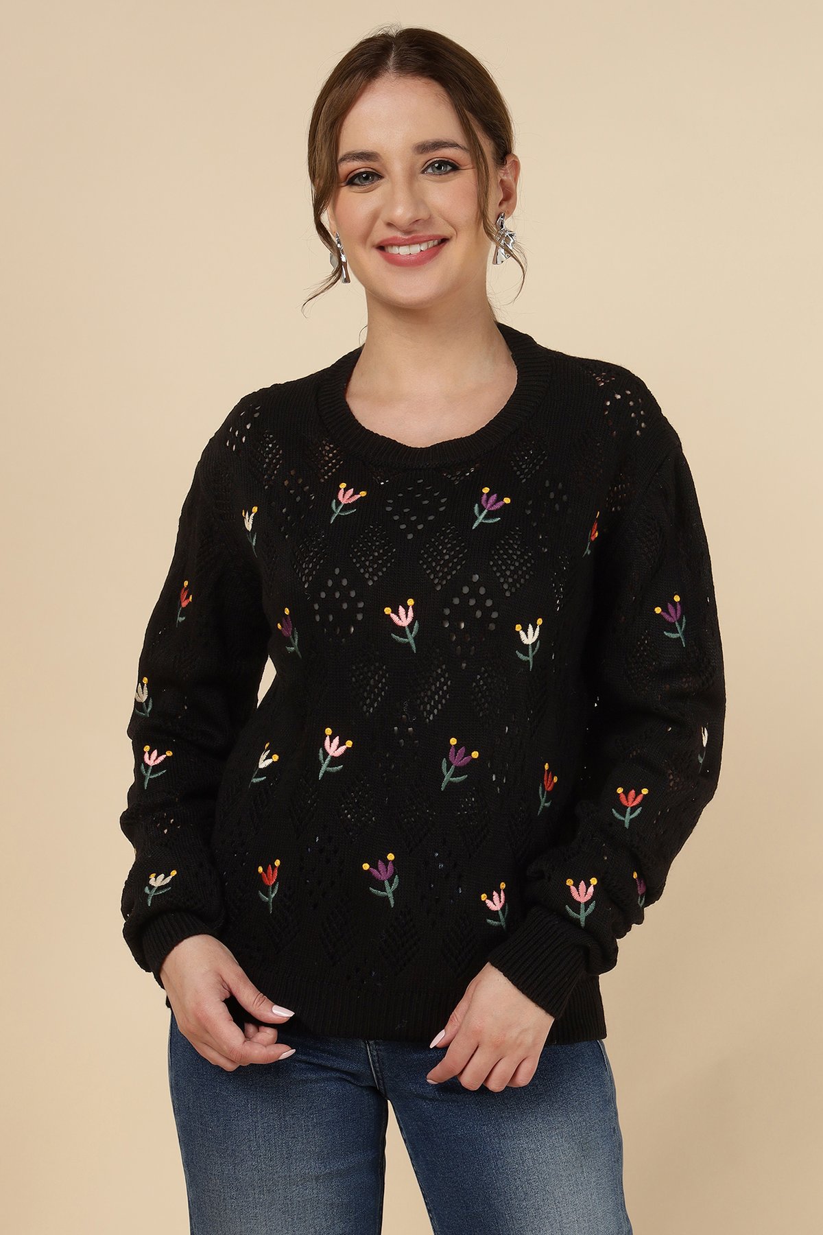 Black Openwork Knit Floral Motif Pullover Sweater