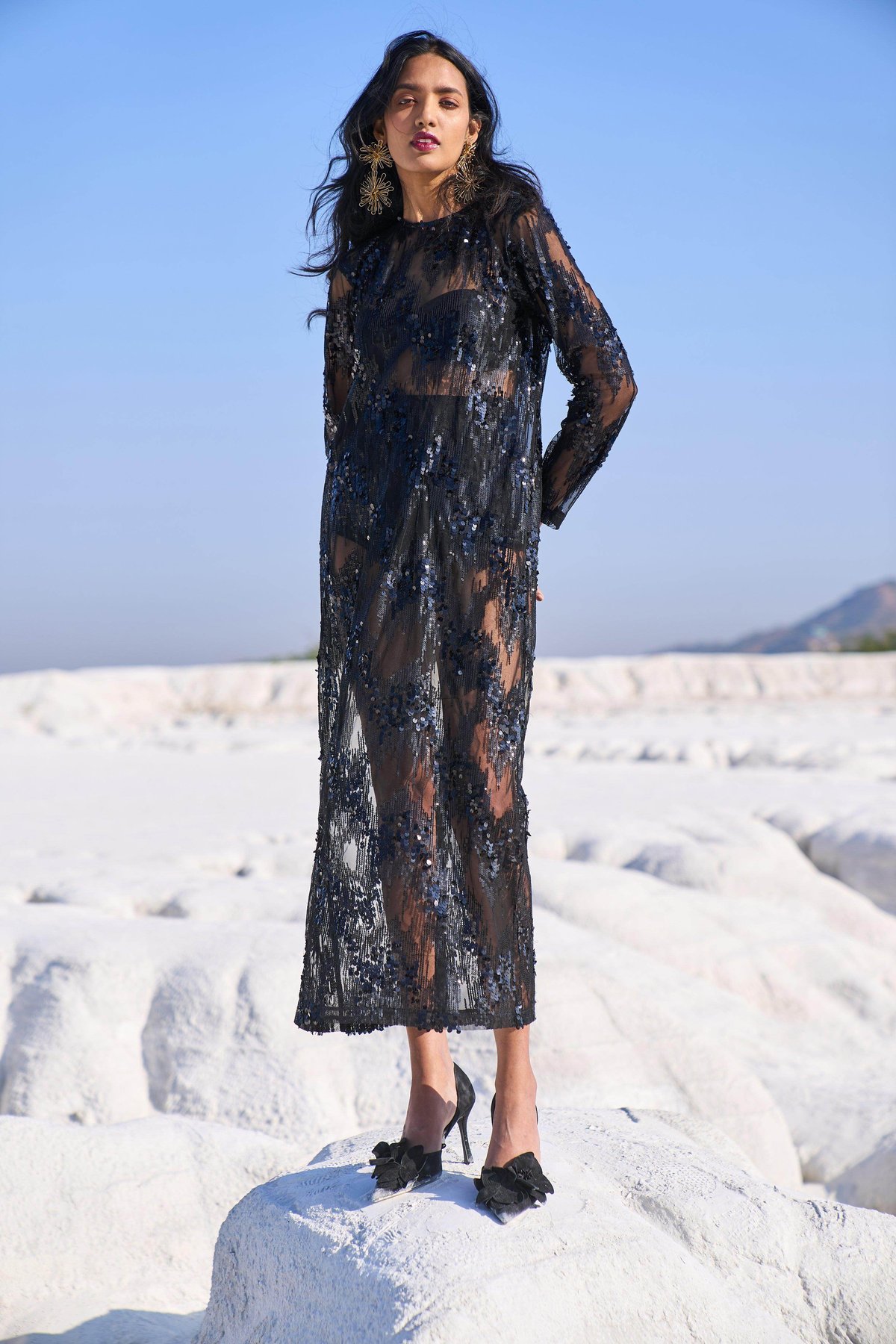 Black Sheer Sequin Mesh Midi Dress
