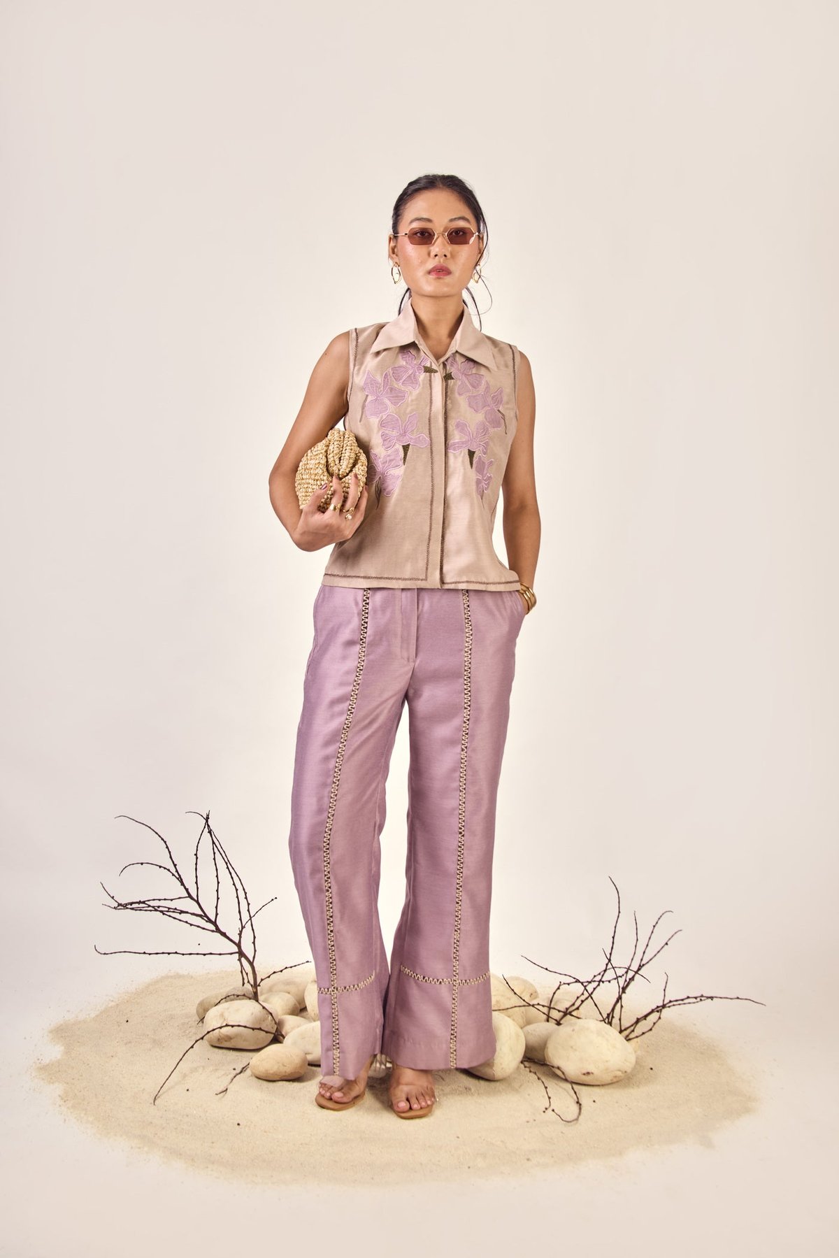 Lavender and Cream Appliqué Shirt and Pants Co-ord Set