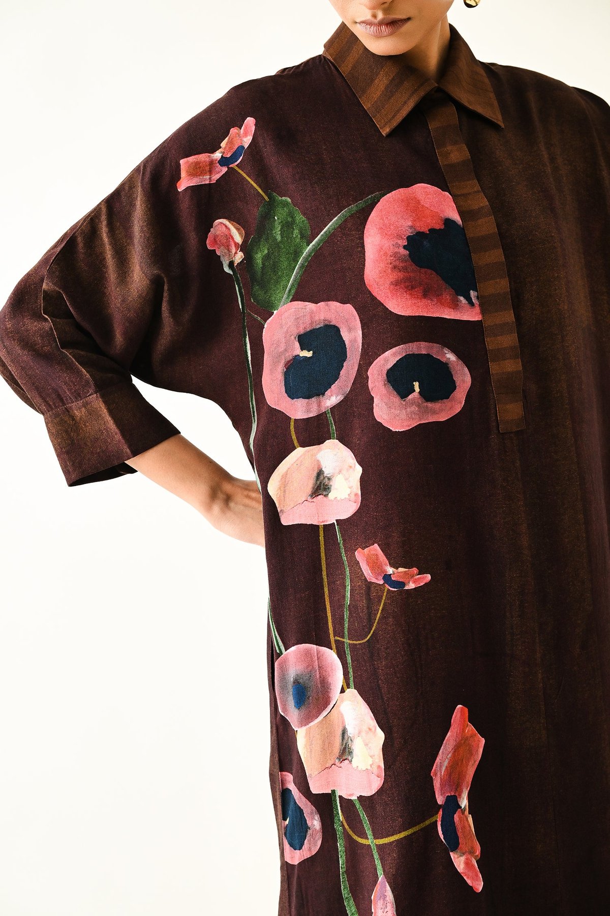 Brown Floral Placement Print Maxi Shirt Dress