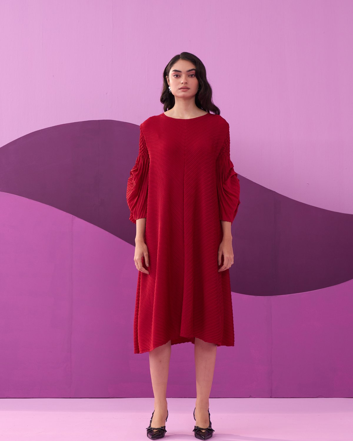 Red Chevron Pleated Midi Dress with Statement Sleeves