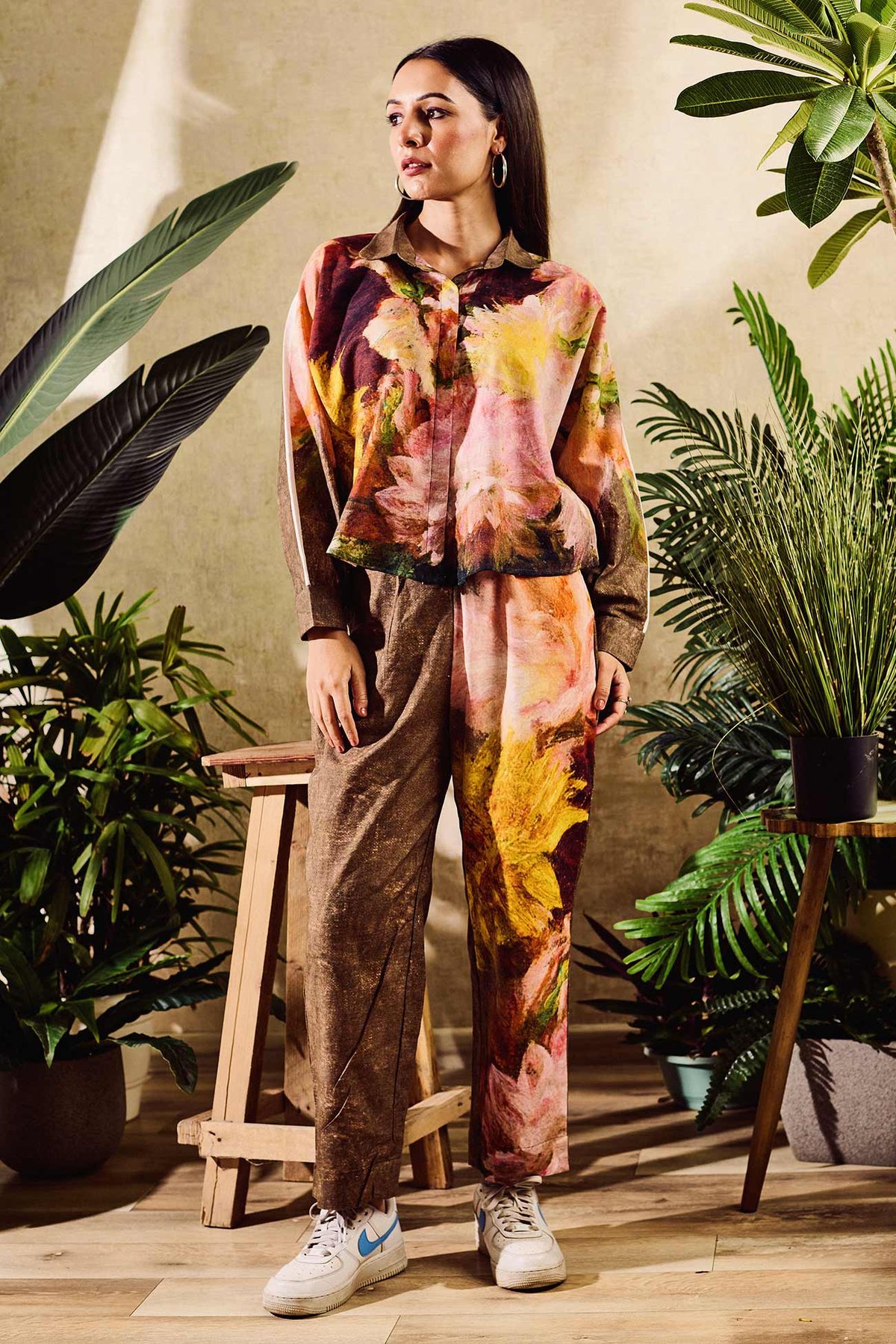 Linen Printed Blossom Collared Shirt With Pant