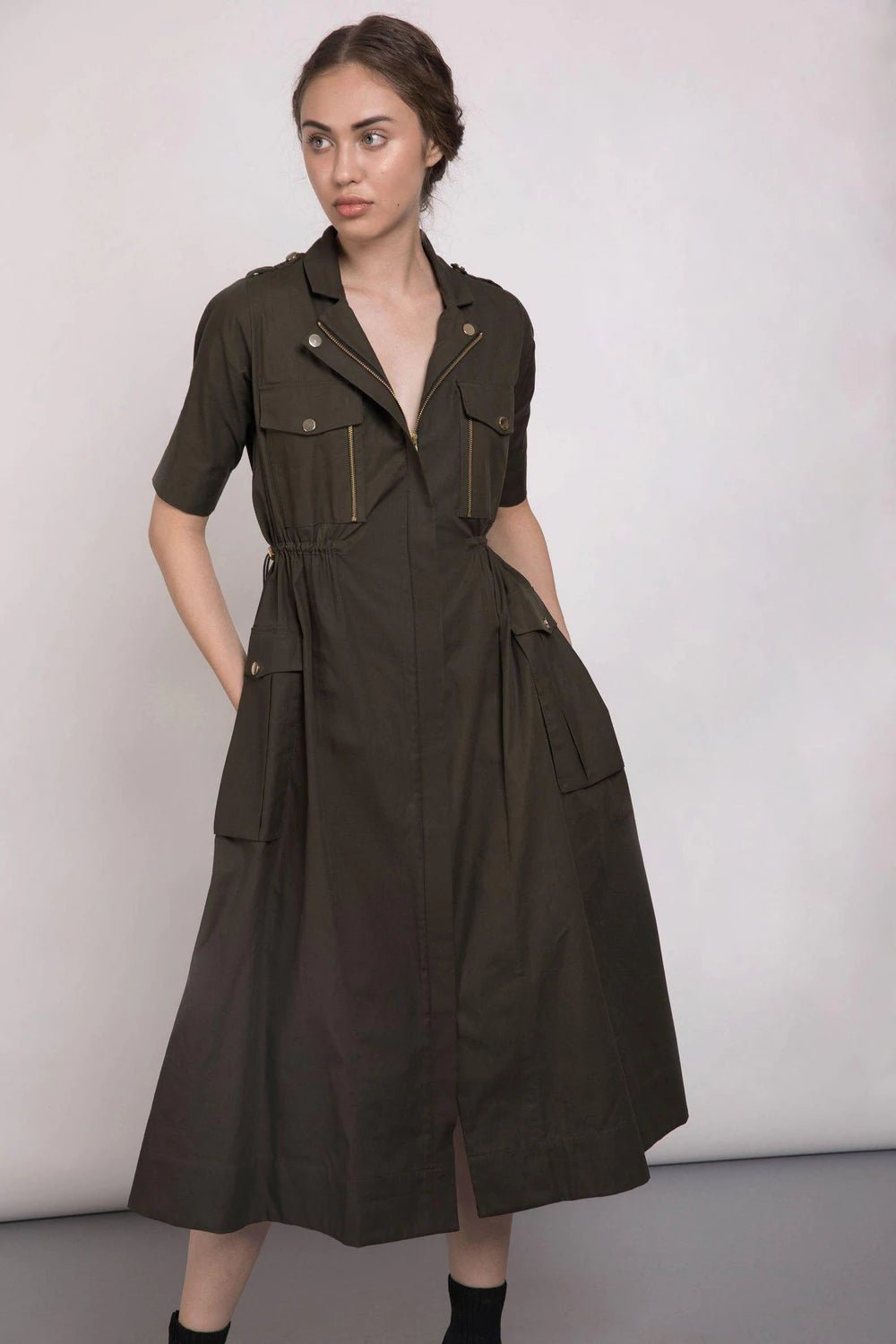 Dark Green Fit and Flare Midi Cargo Dress