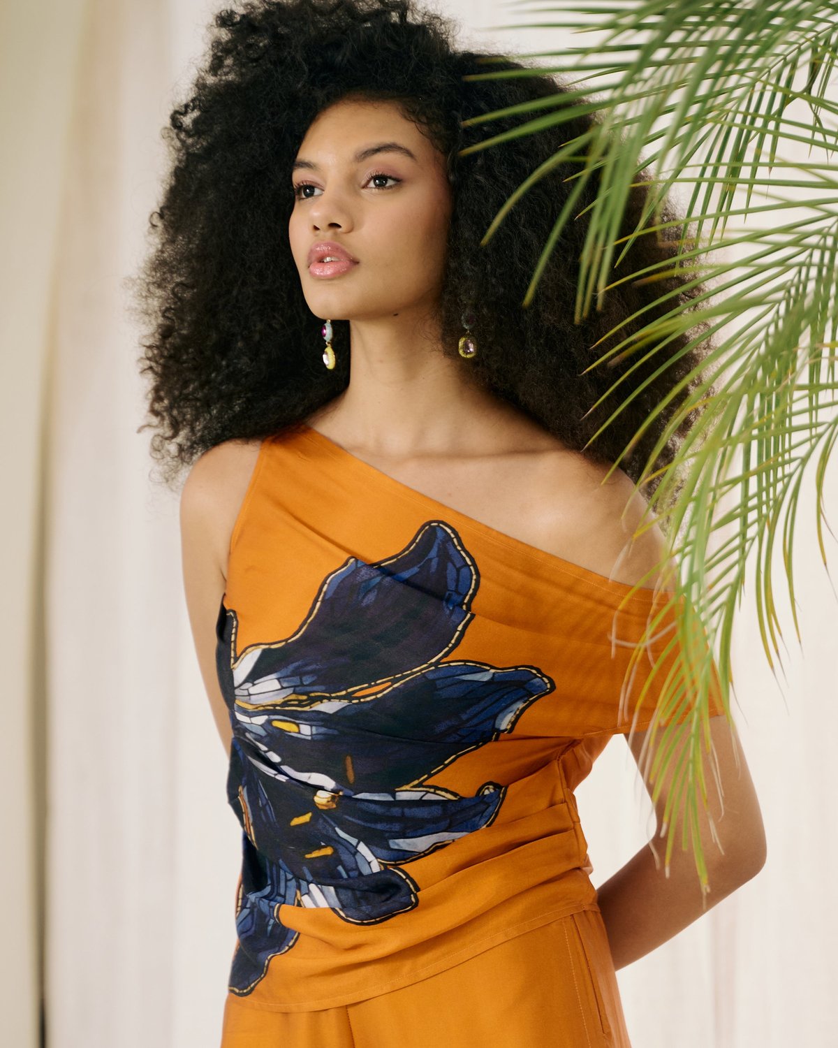Orange One-Shoulder Modal Satin Placement Print Top