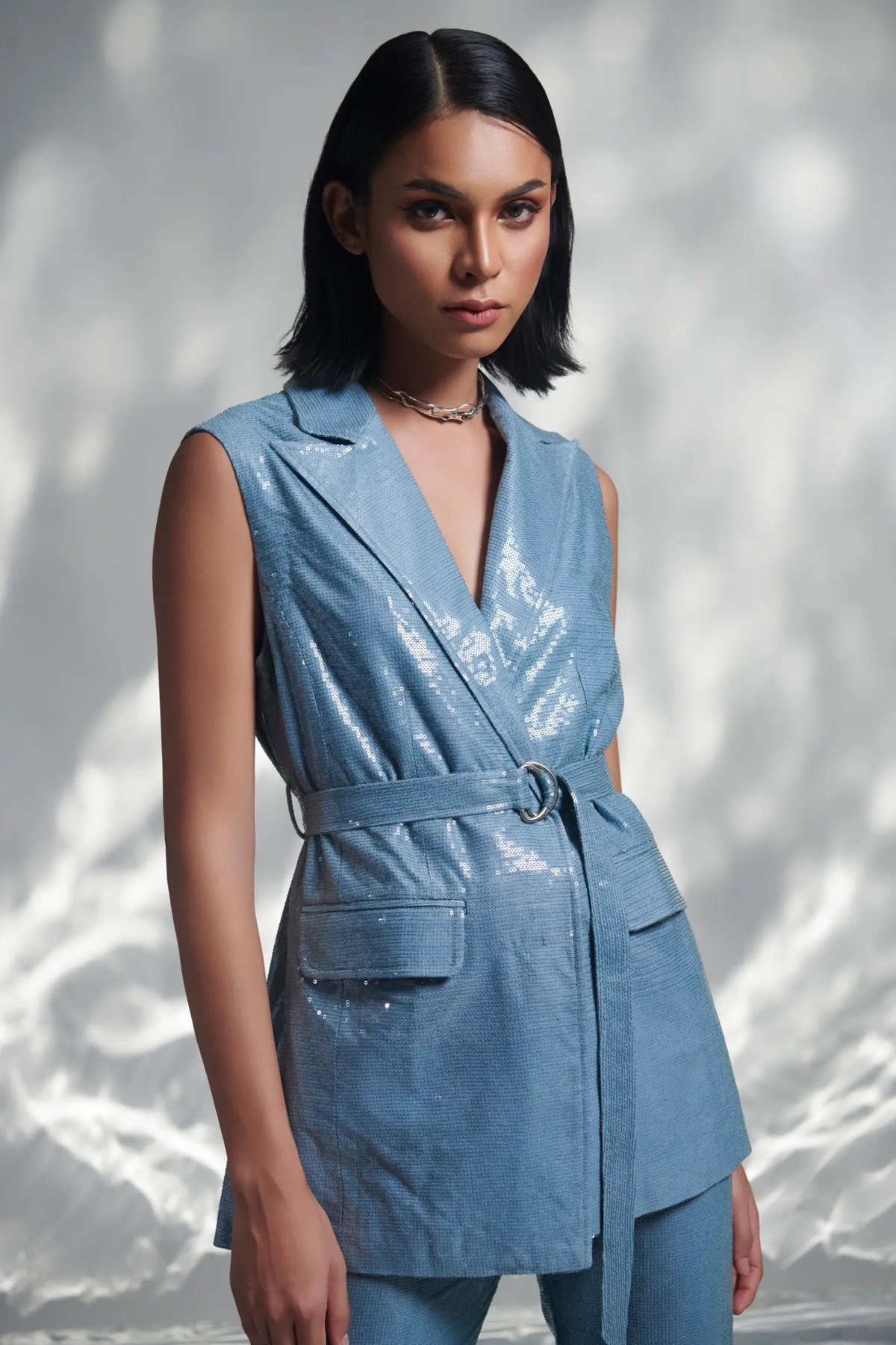 Belle Blue Sequin Sleeveless Belted Blazer