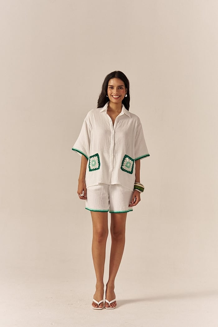 White and Green Crochet Trim Shirt and Shorts Co-ord Set