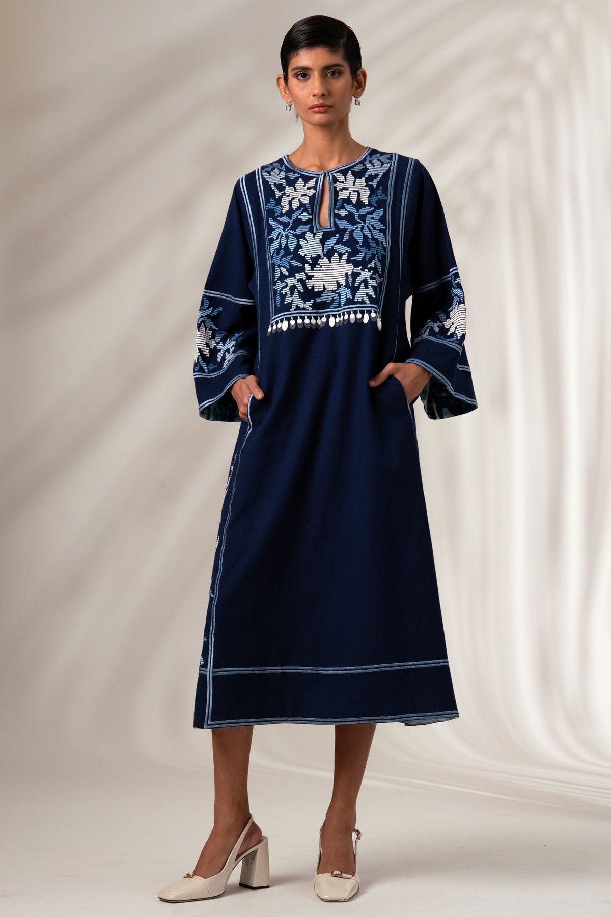 Indigo Embroidered Yoke Straight Midi Dress