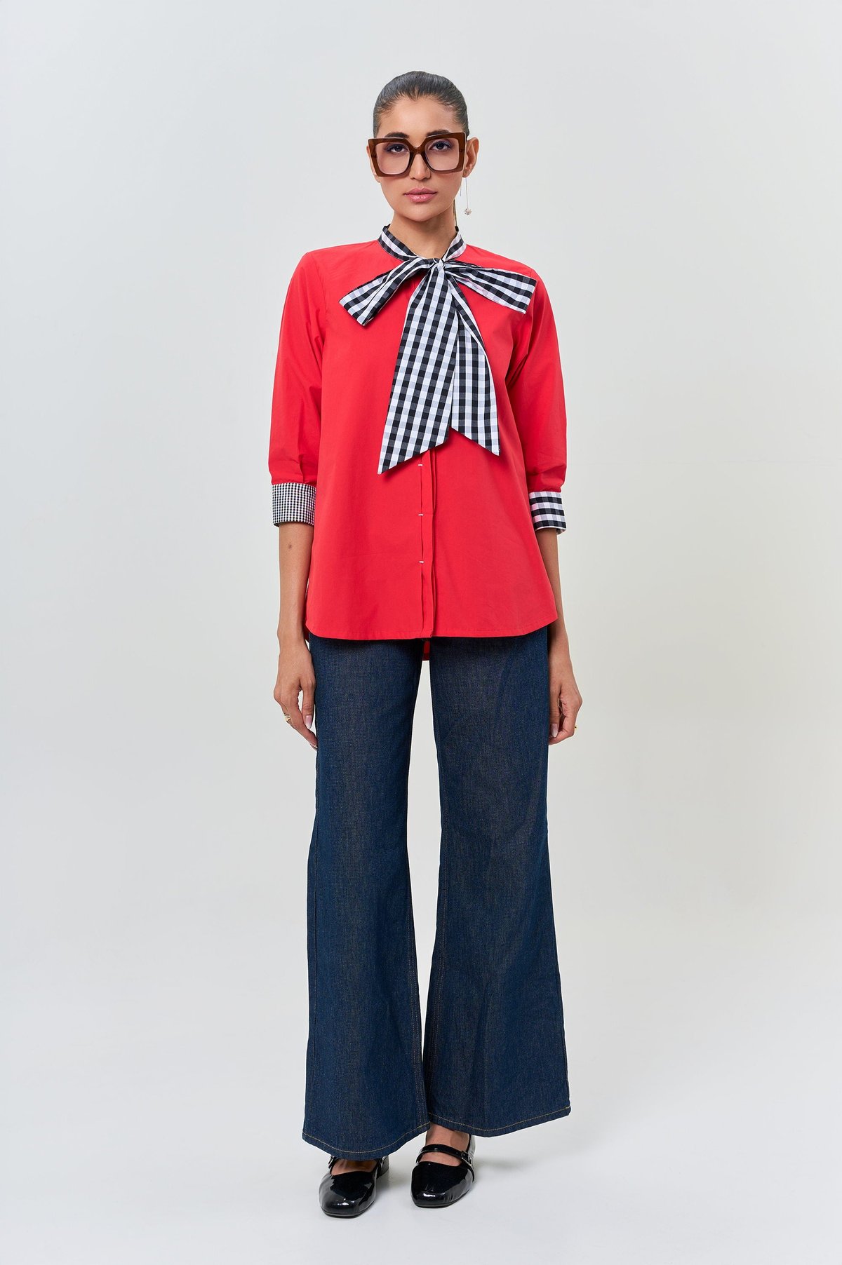 Red Cotton Shirt with Gingham Bow and Contrast Cuffs