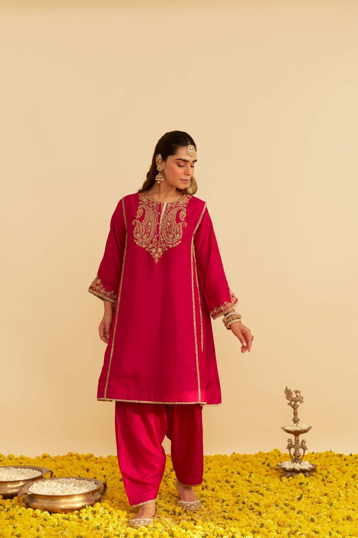 Hotpink Embroidered Chauga Kurta Set with Salwar