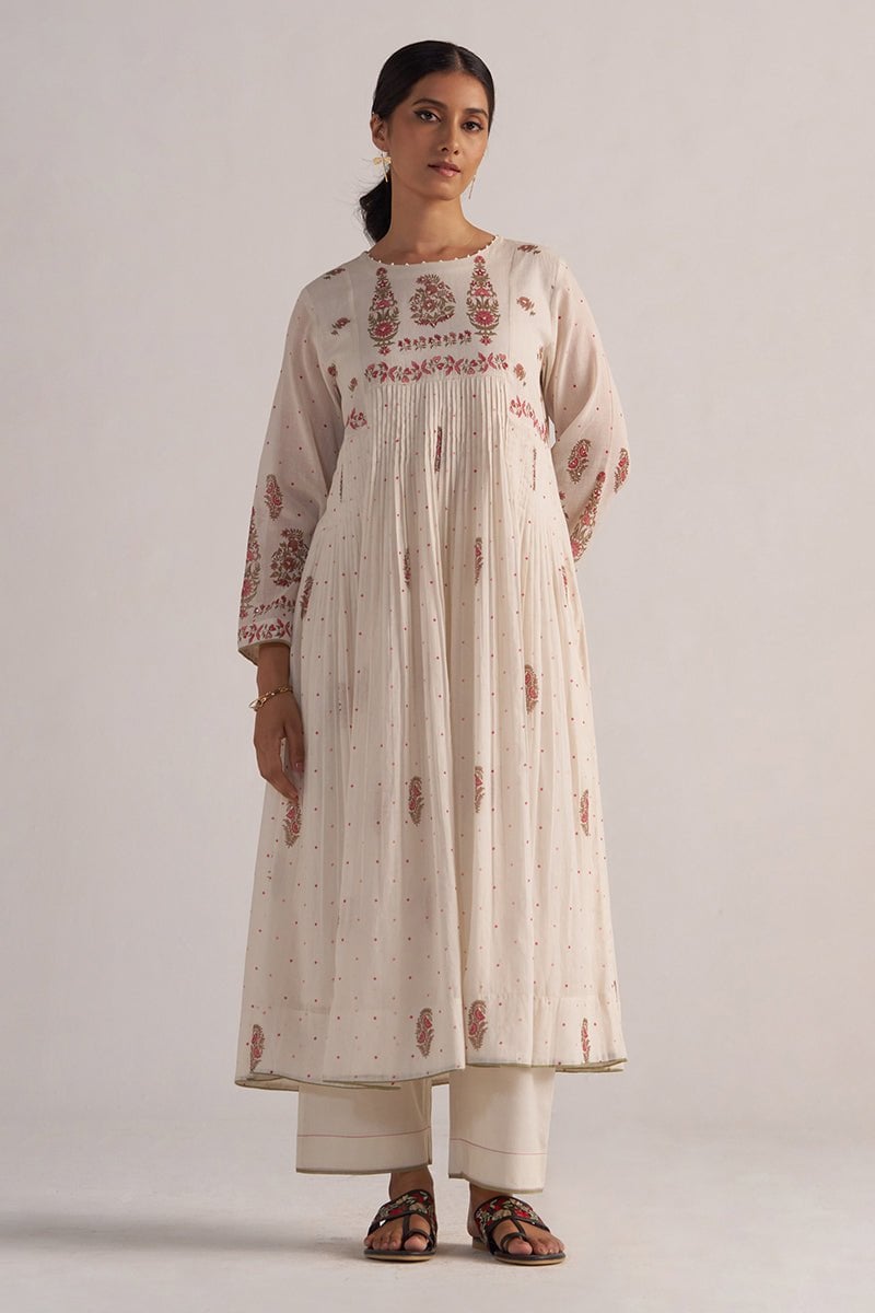 Antique White Printed A-Line Kurta and Pants Co-ord Set