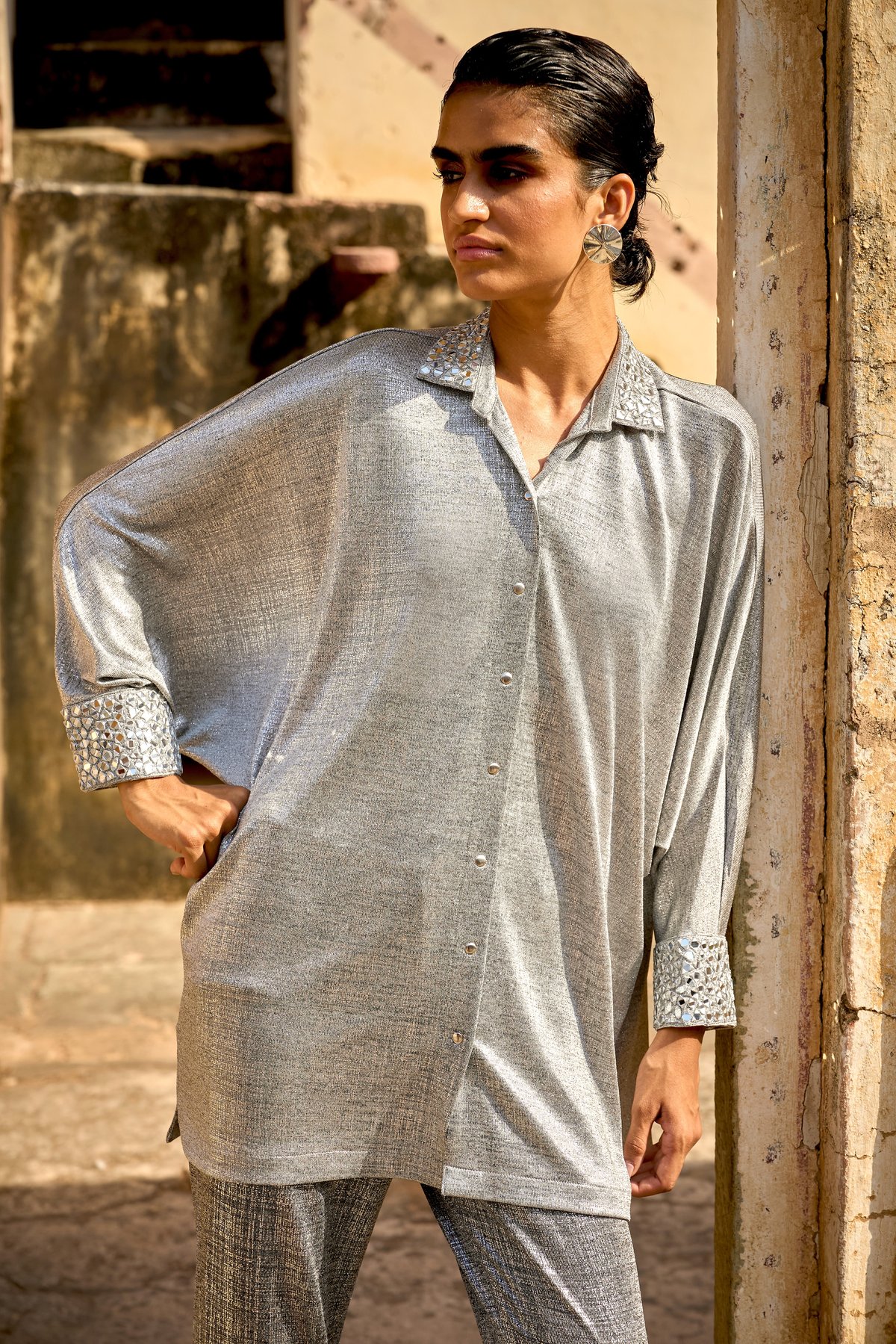 Silver Metallic Oversized Mirrorwork Shirt