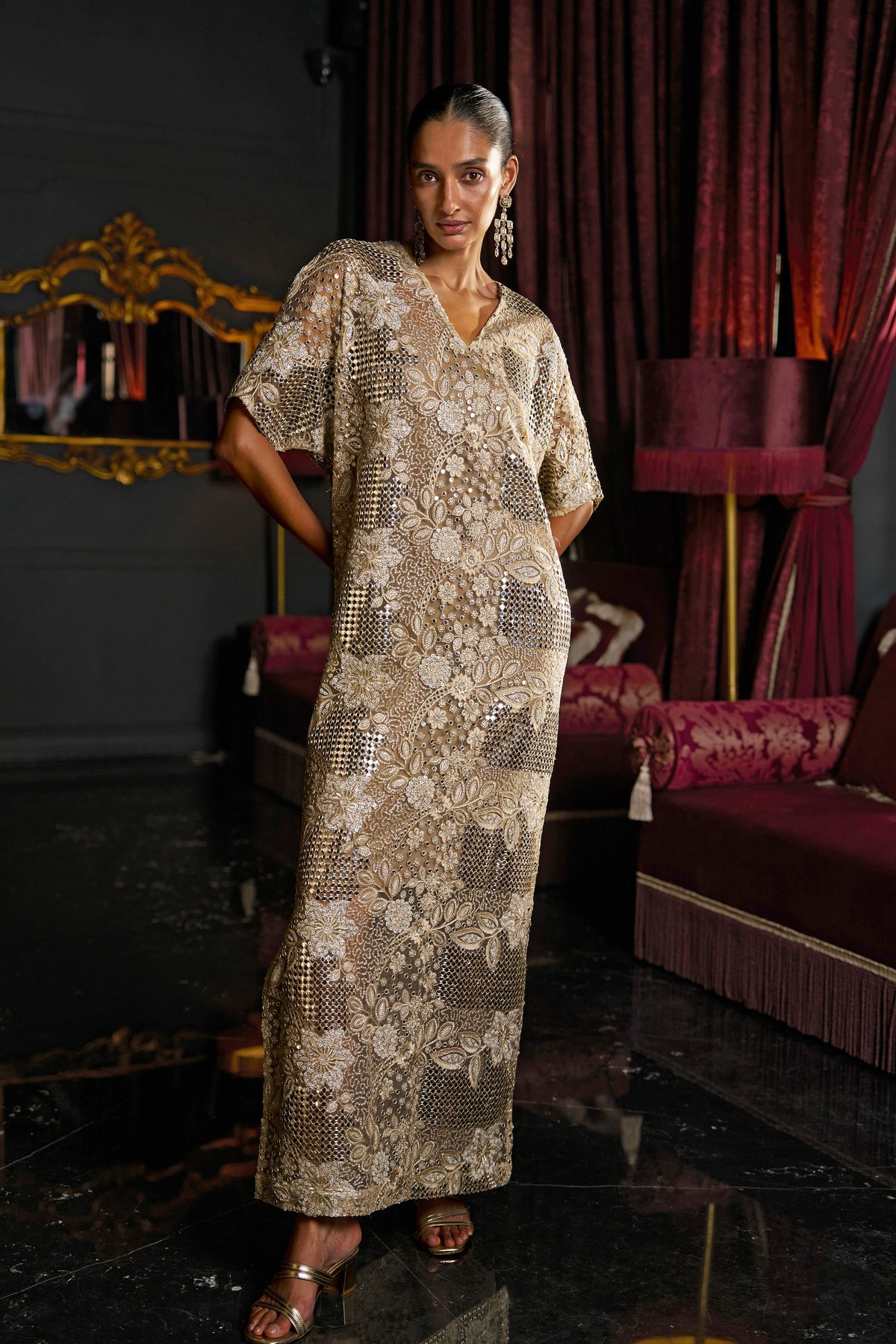 Natural Mirror and Bead Embroidered Maxi Kaftan