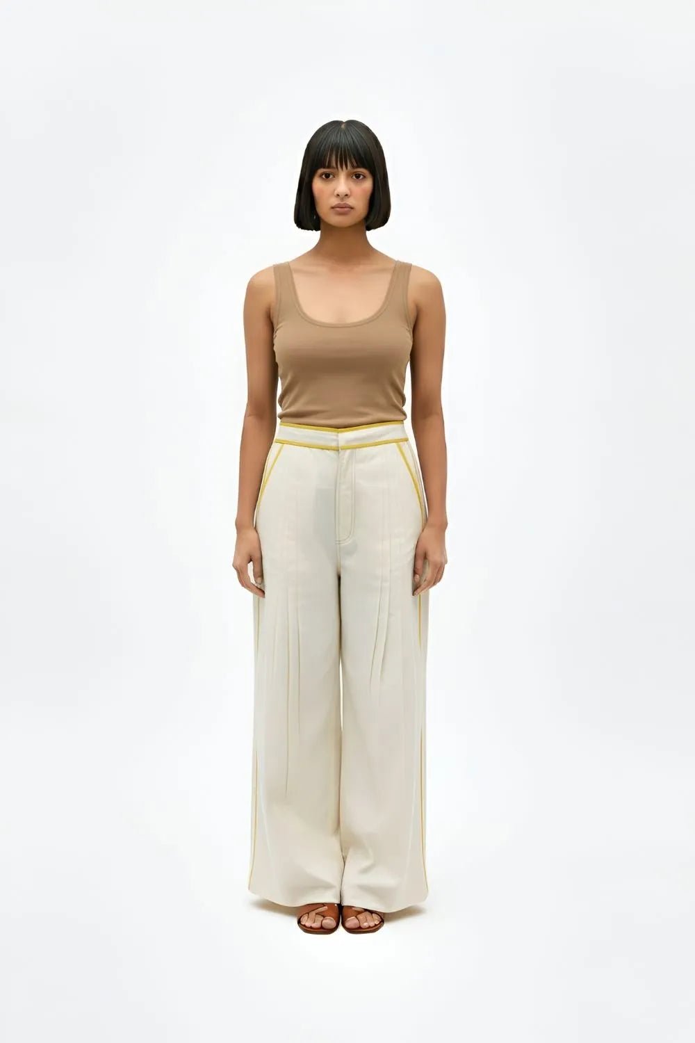 Ivory Wide-Leg Pintuck Trousers with Yellow Stripe Detail