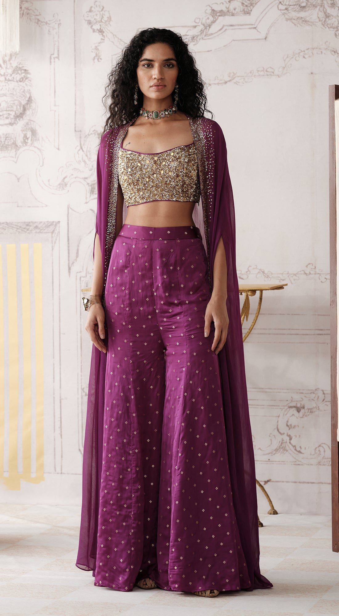 Purple Sequin Bustier, Sharara and Cape Co-ord Set
