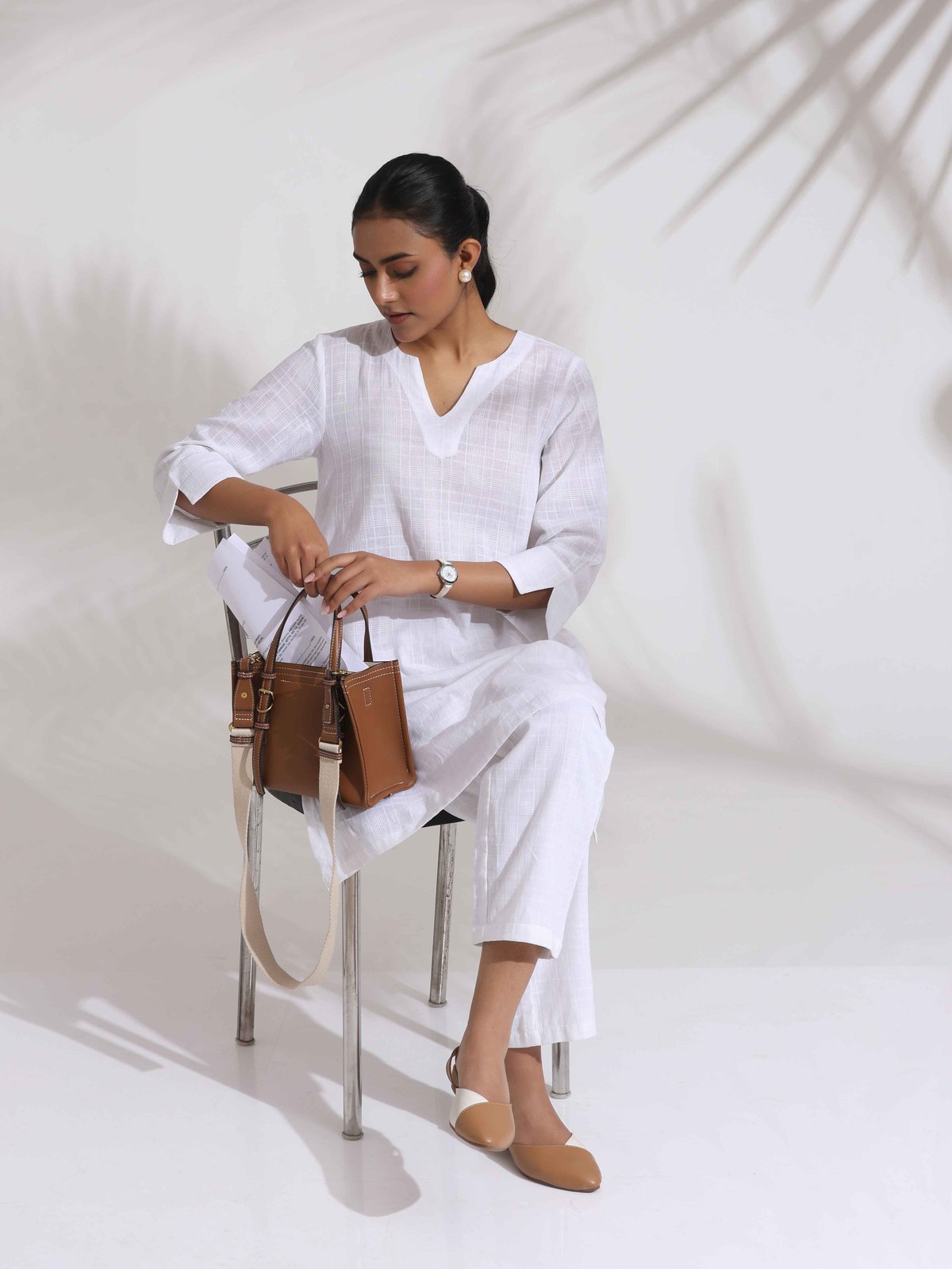 White Cotton Dobby Checked Kurta and Pant Co-ord Set