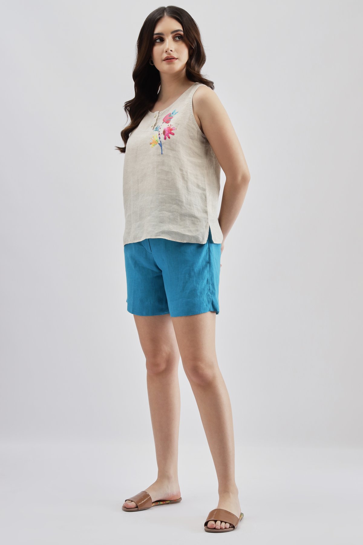 Turquoise Linen High-Waist Tailored Shorts