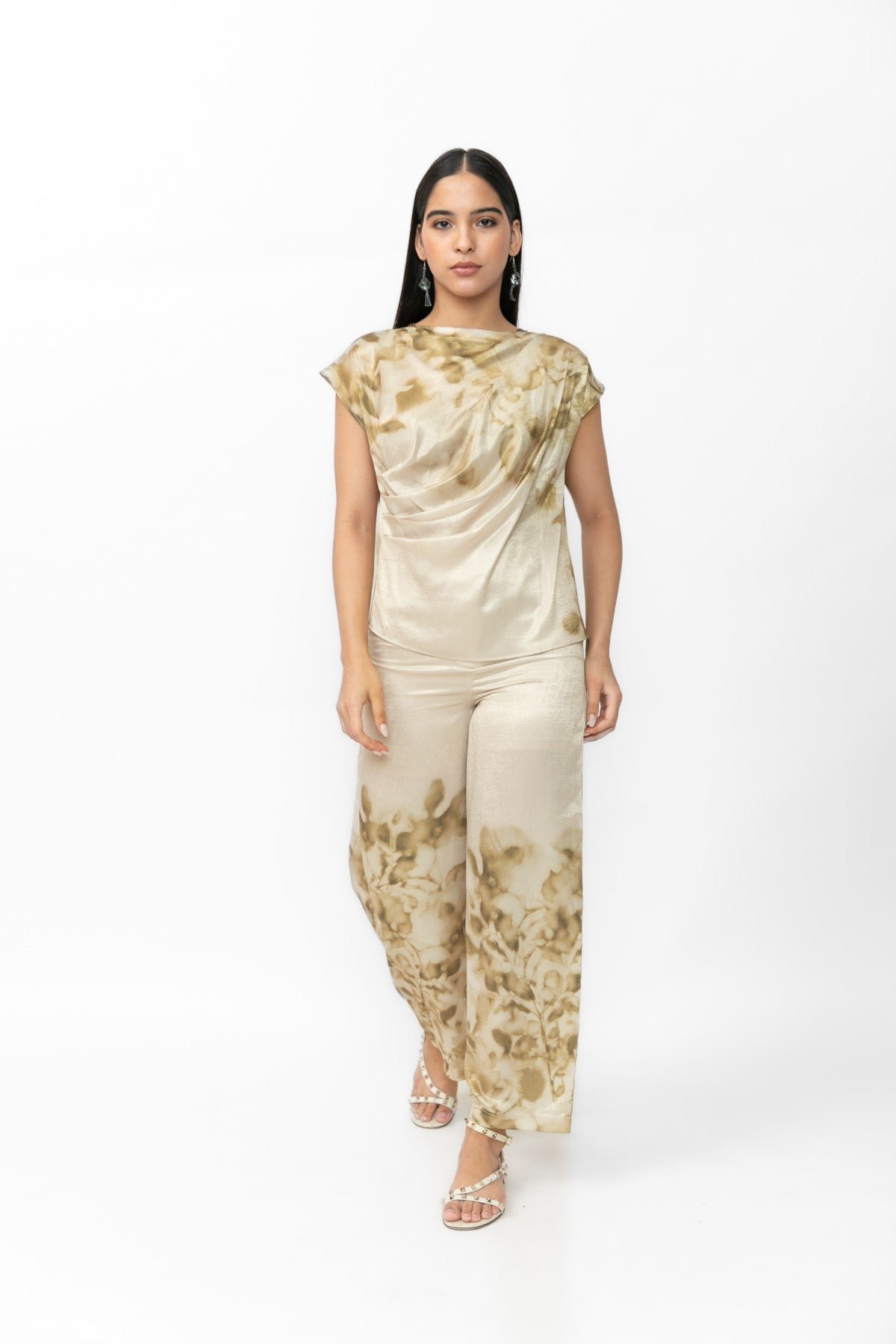Champagne Cowl-Neck Satin Co-ord Set with Botanical Print
