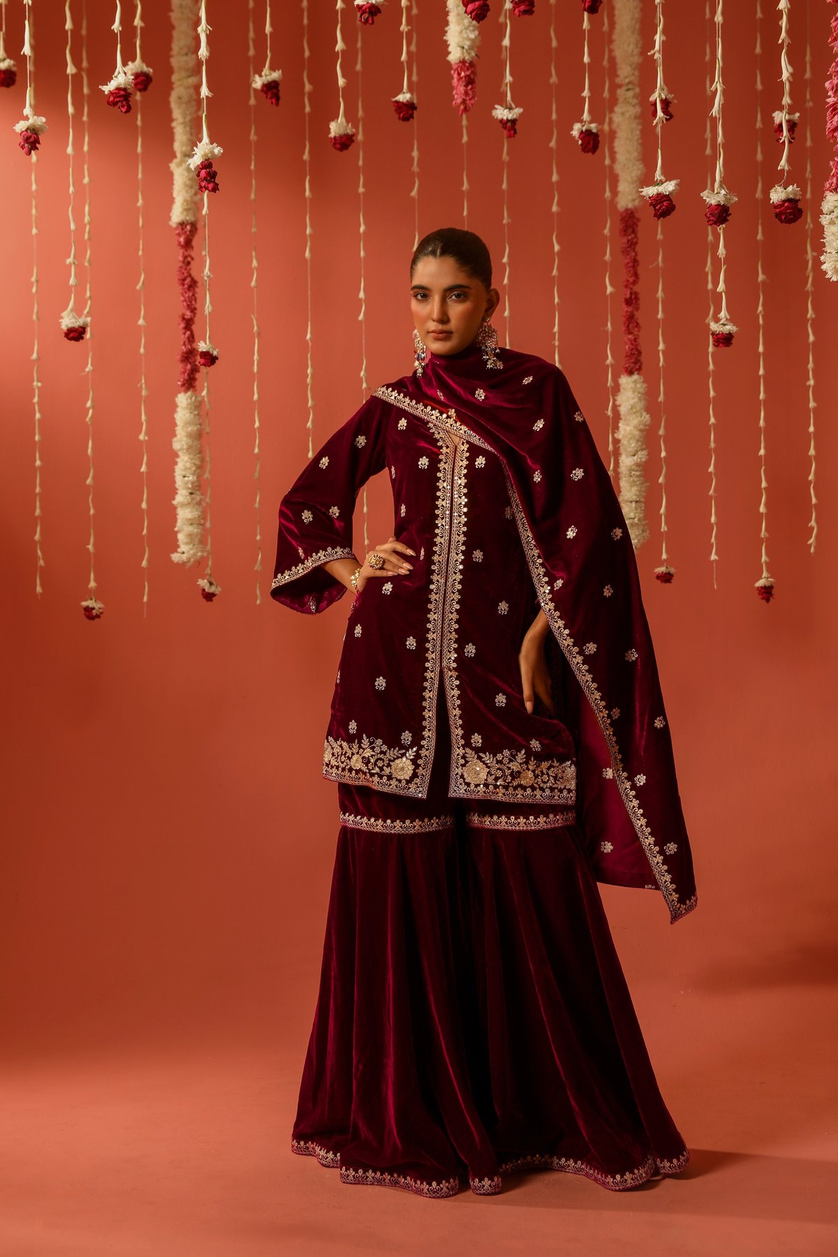 Maroon Velvet Embroidered Kurta Sharara Set with Dupatta