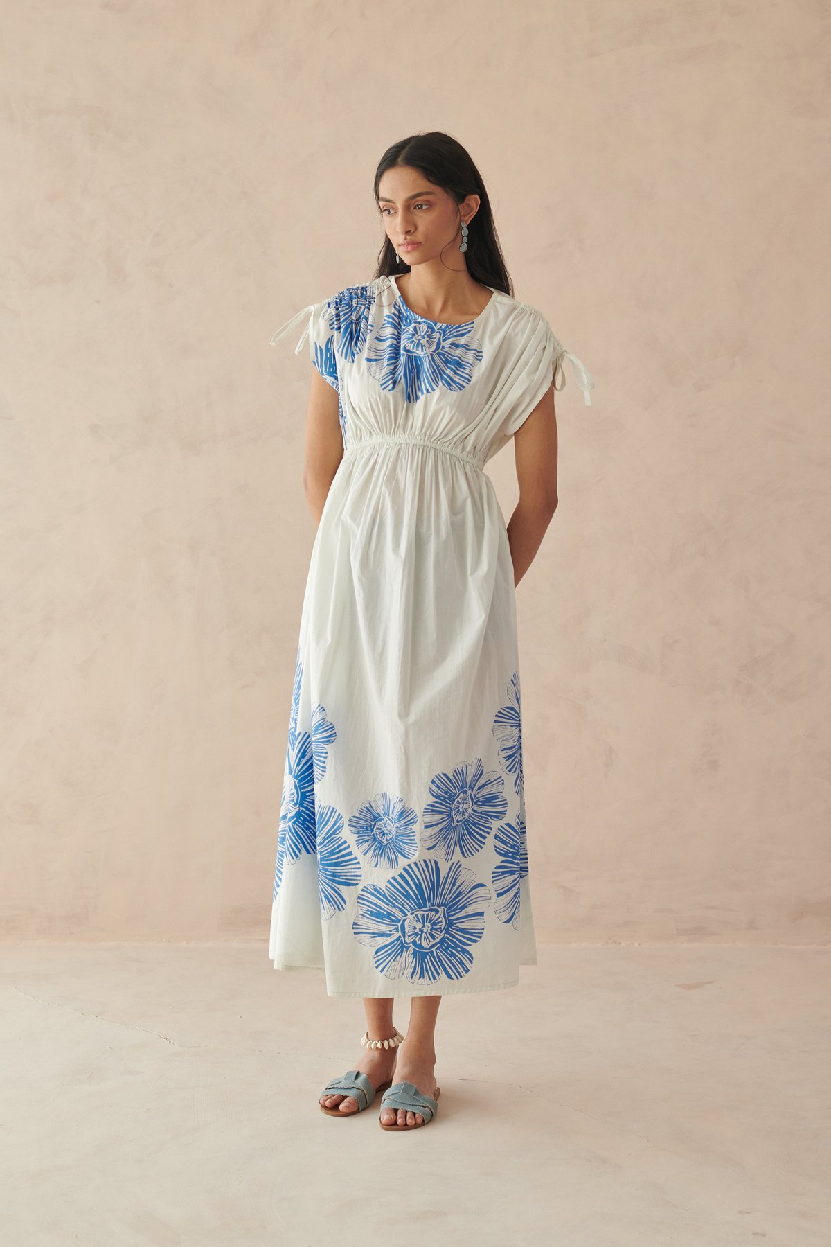 White Cotton Fit and Flare Midi Dress with Blue Floral Print