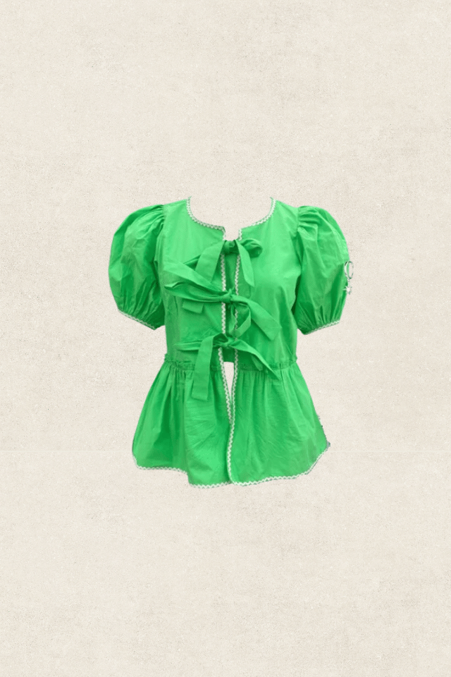 Green Poplin Puff Sleeve Tie-Up Peplum Top