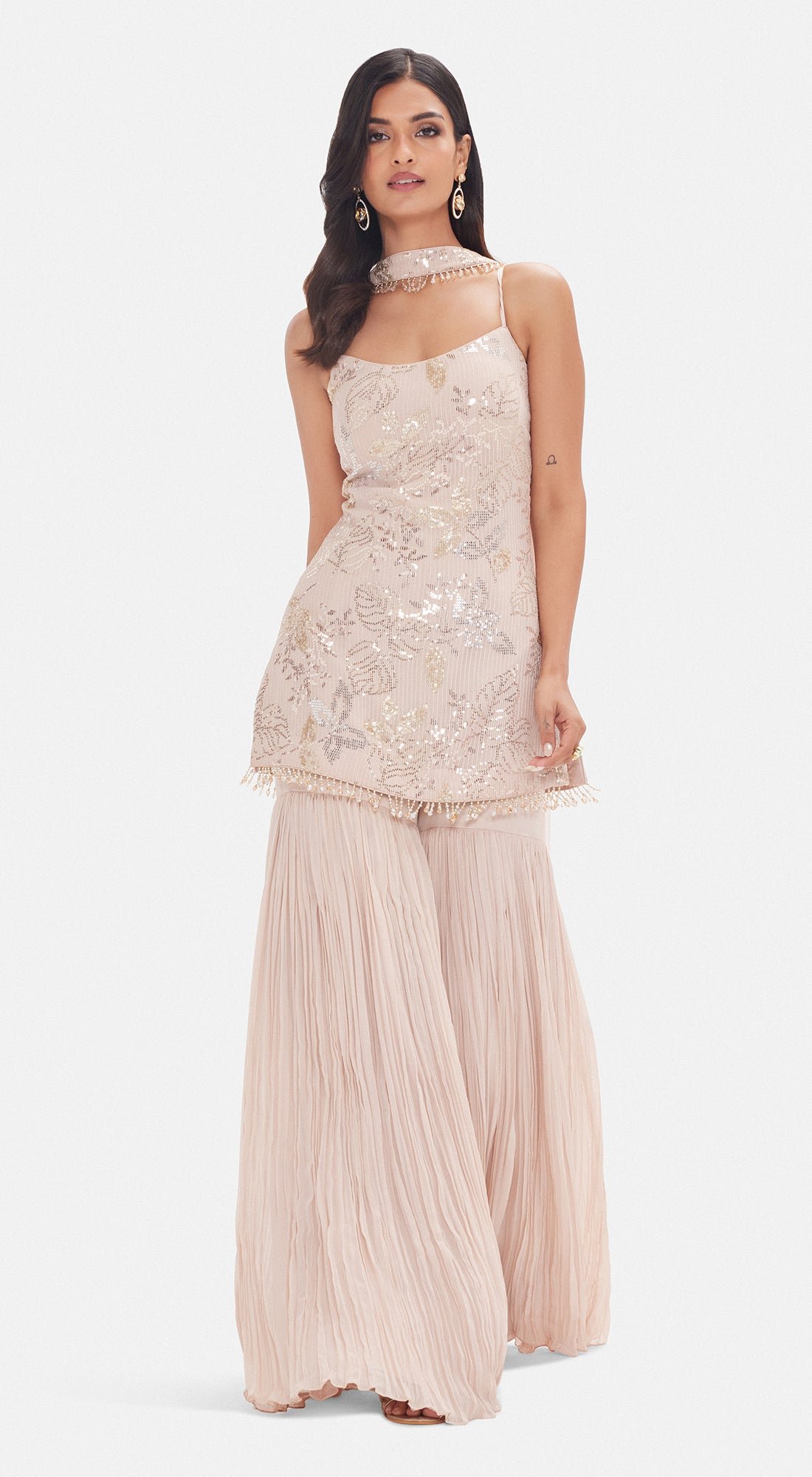 Baby Pink Georgette Sequin Kurta Sharara Set with Dupatta