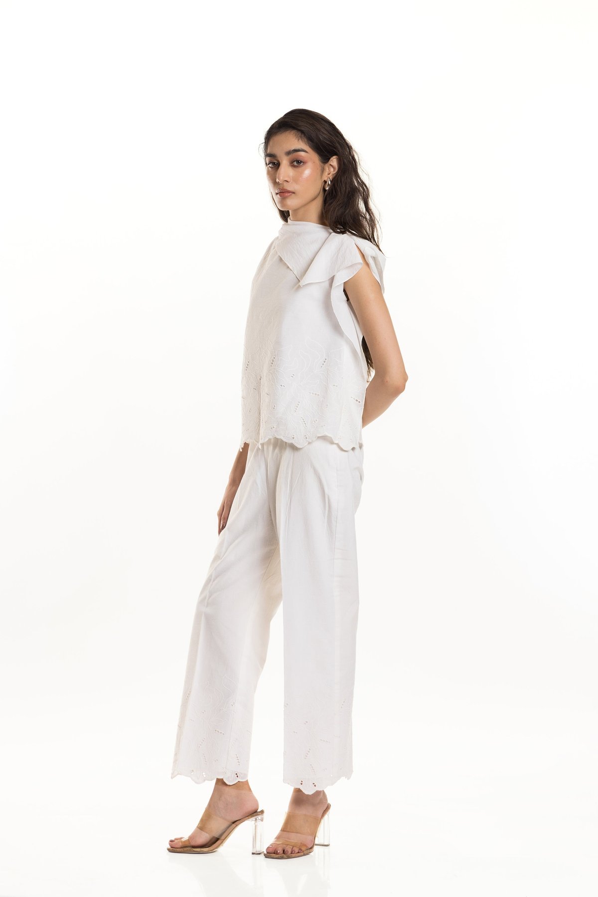 White Cotton Straight-Leg Schiffli Pants