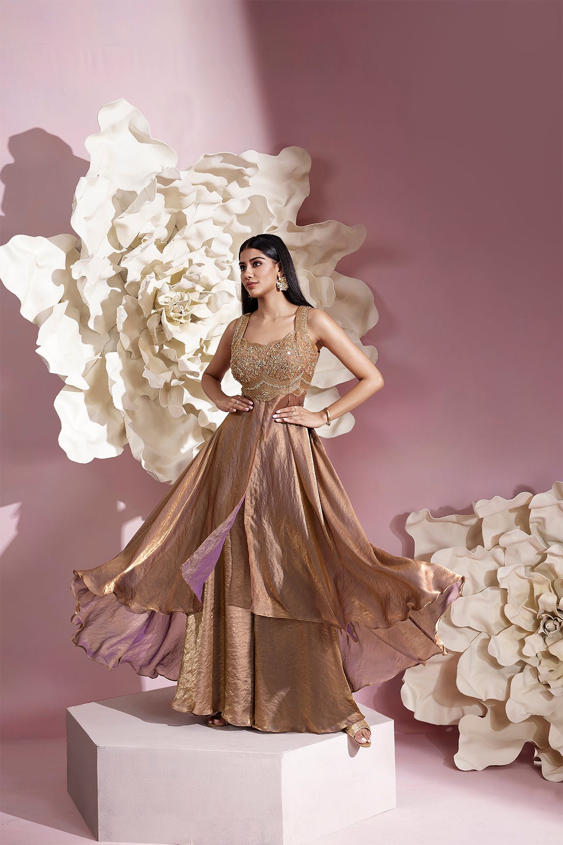 Champagne Gold Shimmer Kurta Set with Embroidered Bodice