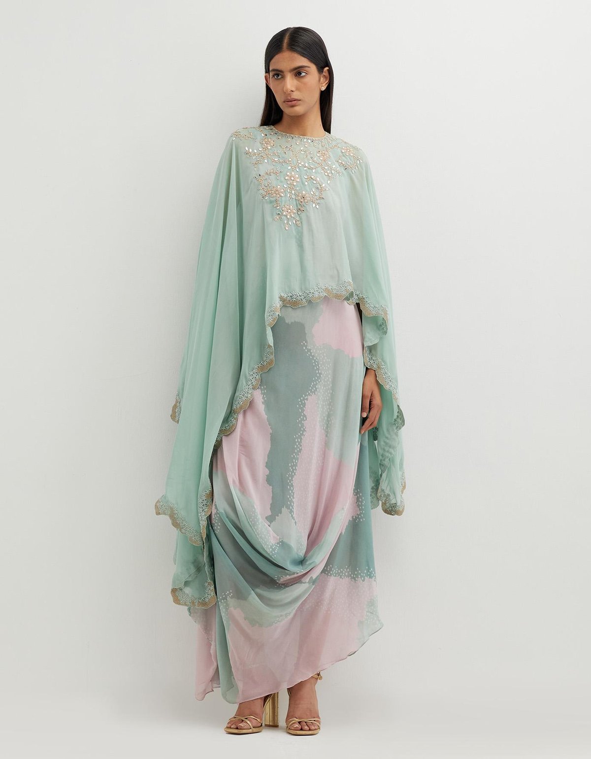 Multicolor Printed Dress & Hand Embroidered Cape
