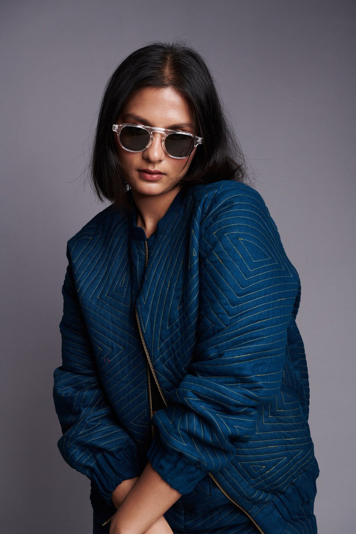 Indigo Linen Quilted Bomber Jacket
