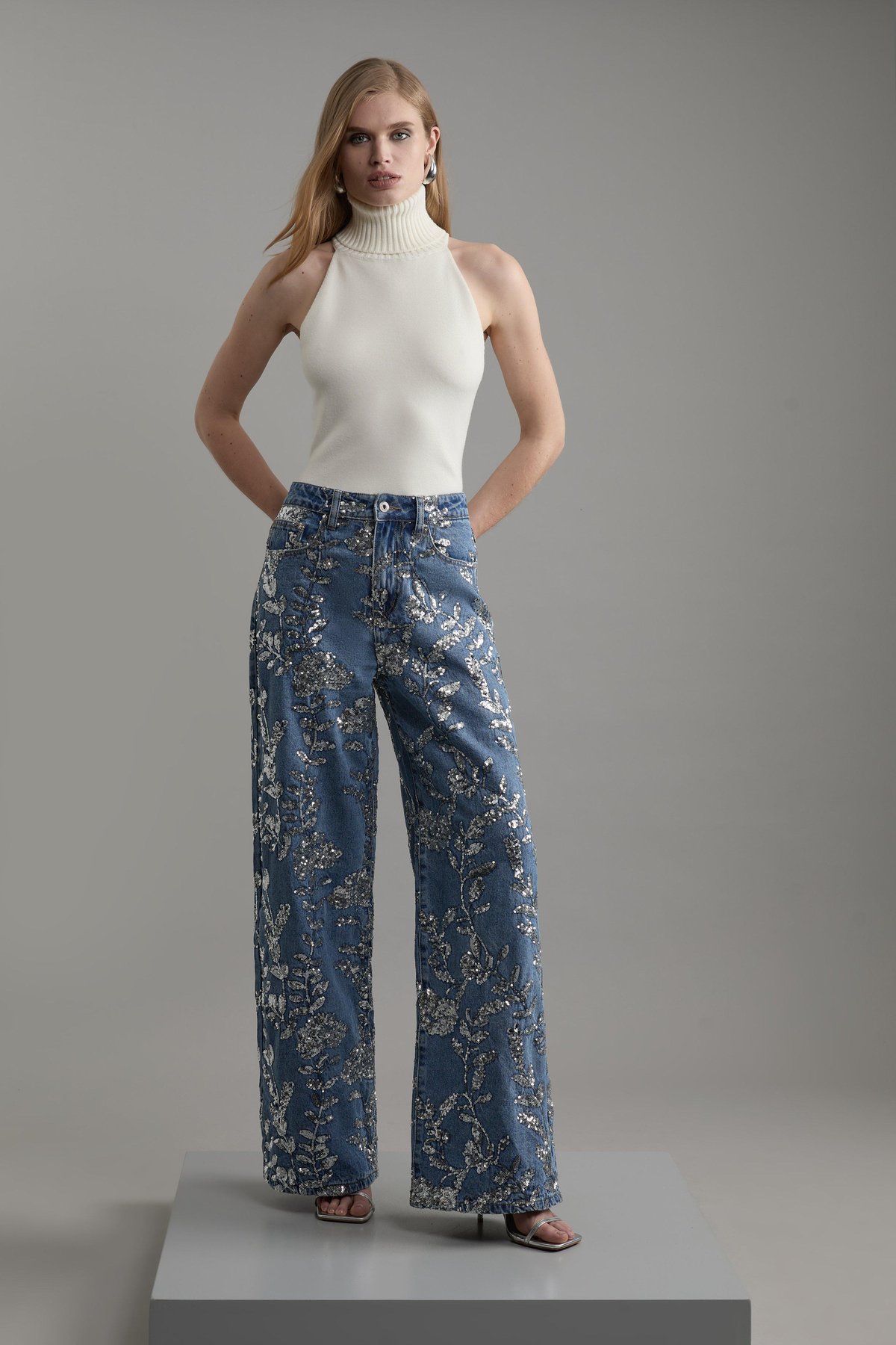 Mid Blue Wide-Leg Sequin Embellished Jeans