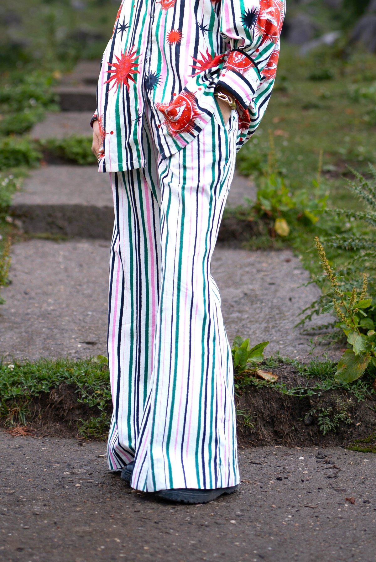 White/Green Striped Printed Flared Cotton Trousers