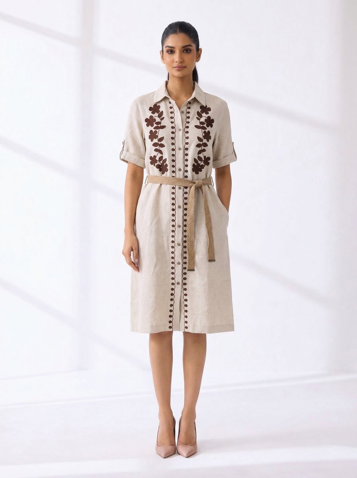 Natural Cotton Embroidered Belted Shirt Dress