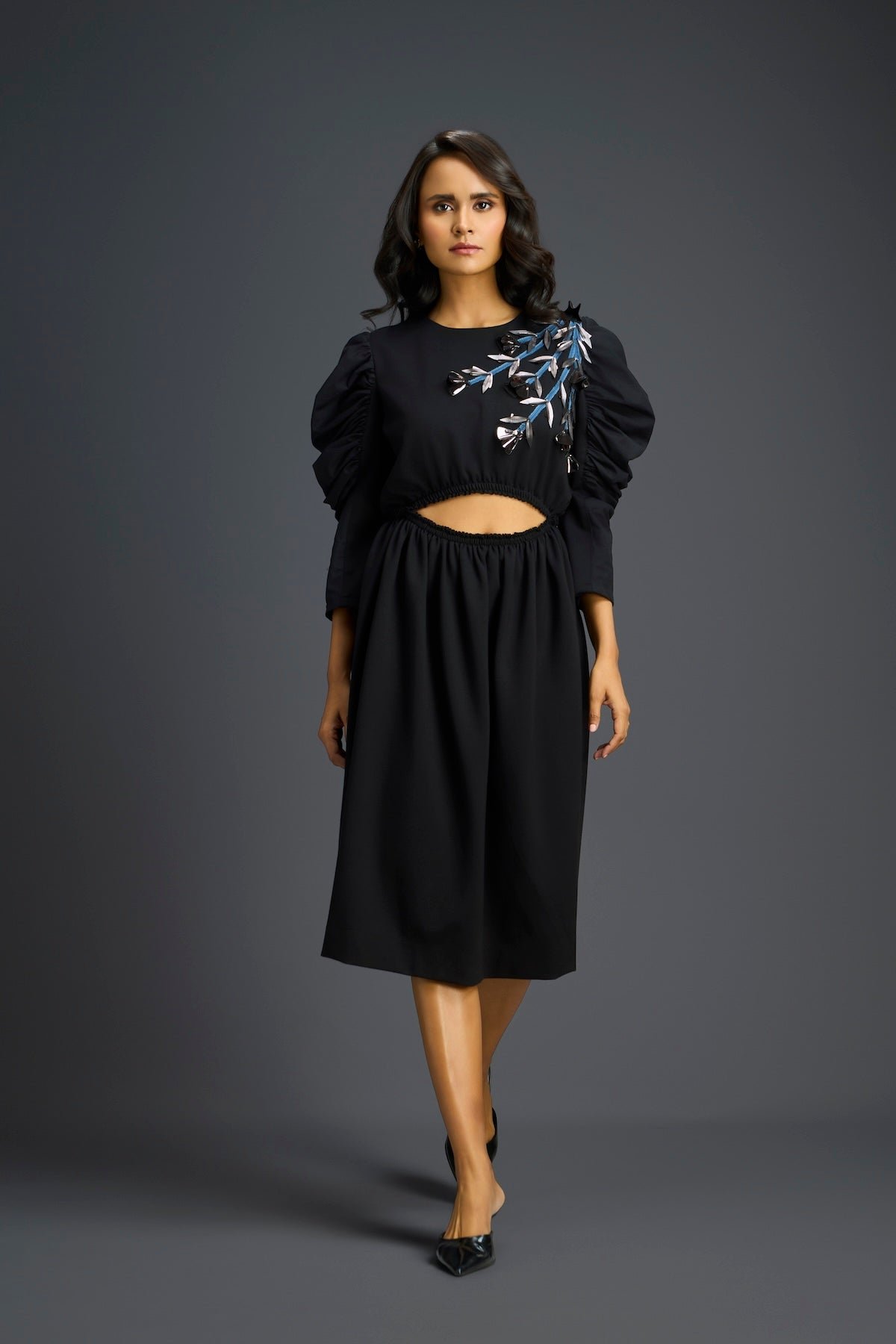 Black Midi Cut-Out Dress with Embellished Shoulder