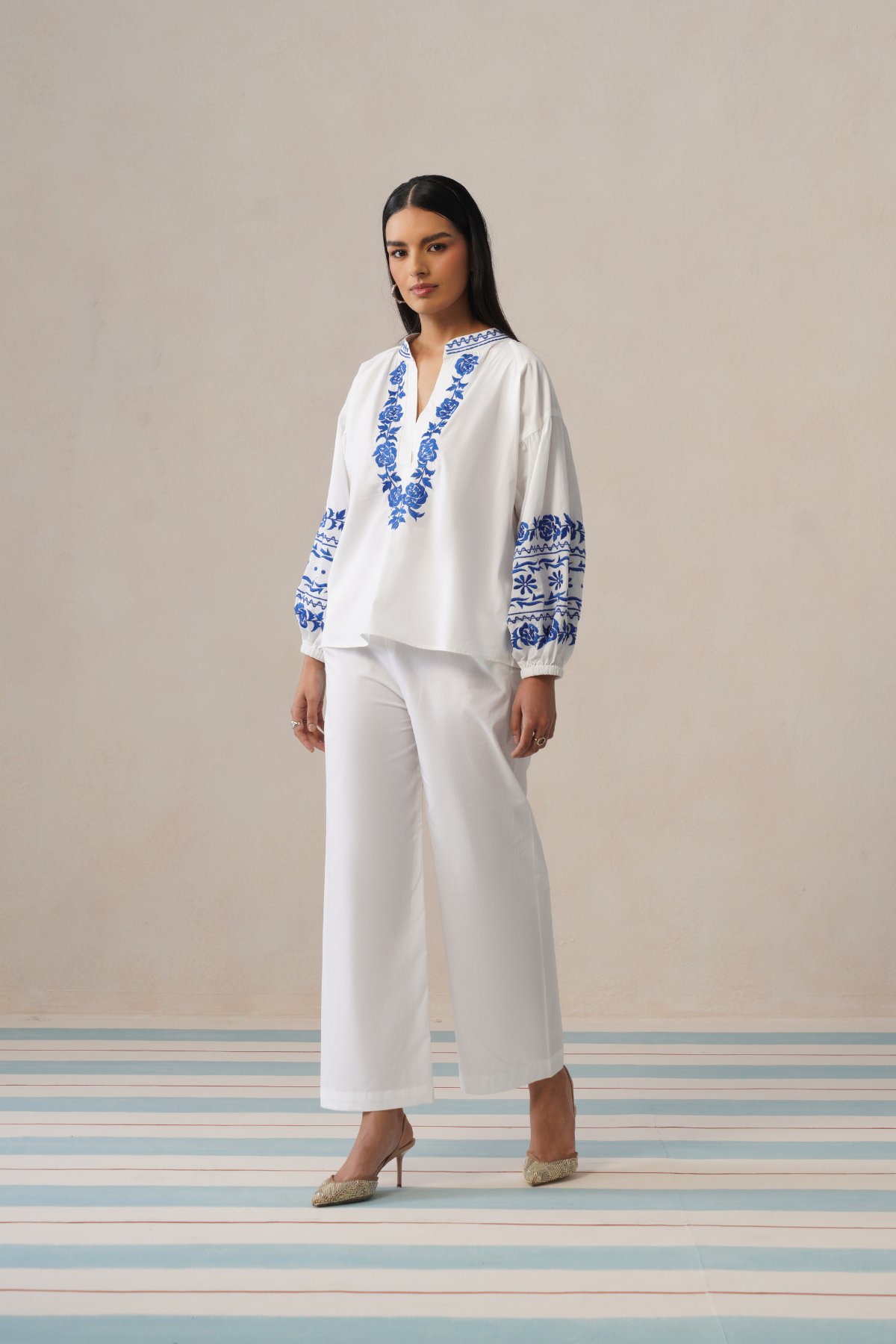 White Co-ord Set with Blue Embroidered V-Neck Top