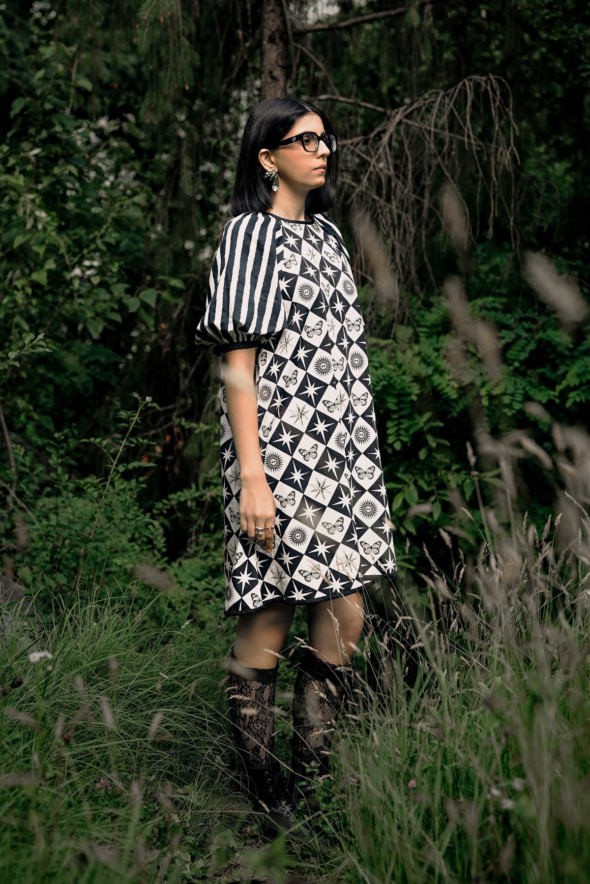 White/Black Oversized Celestial Print Mini Shift Dress