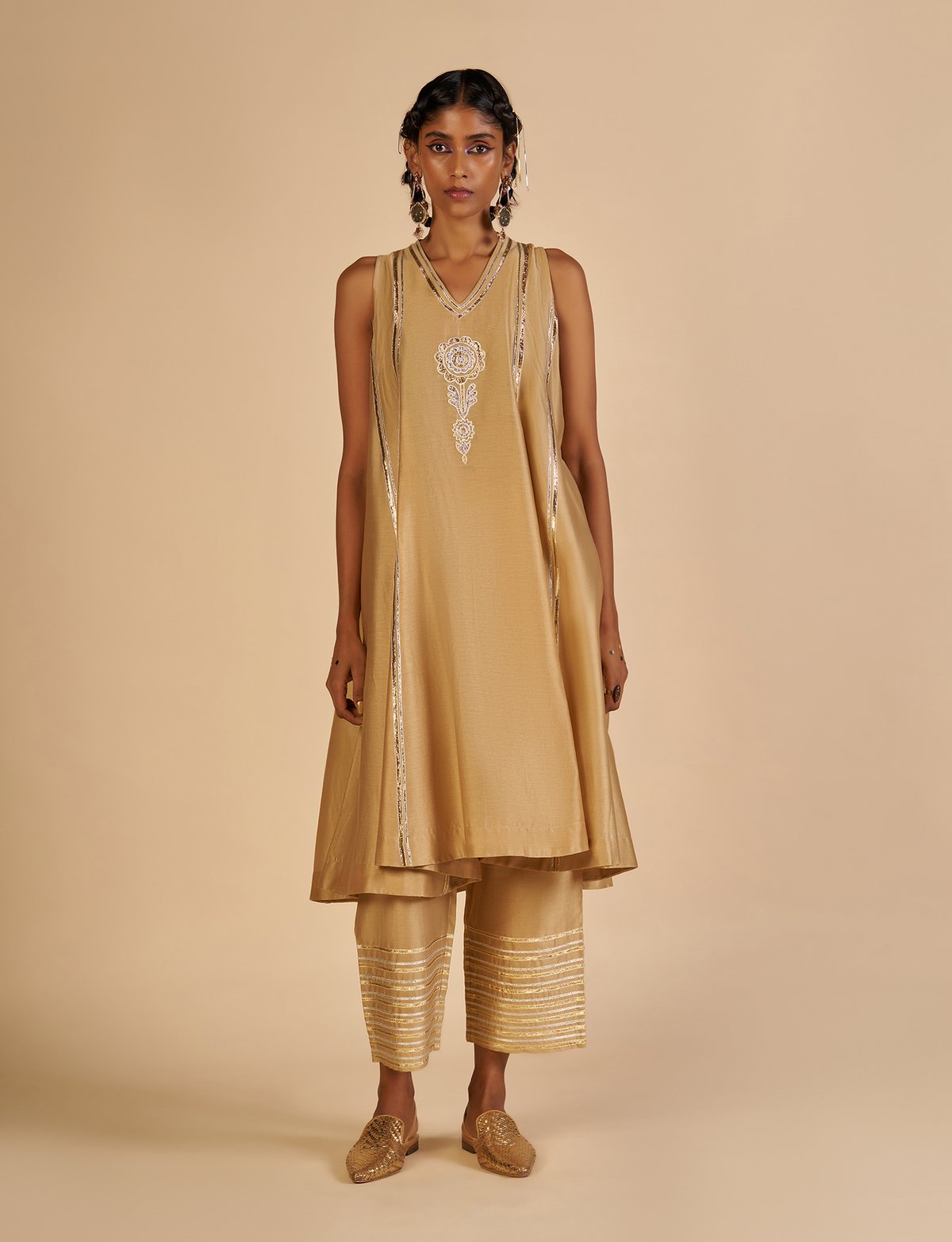 Beige Silk Chanderi Gota Detailing Straight-Leg Trousers
