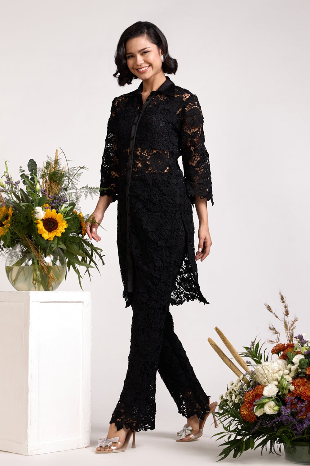 Black Sheer Lace Flared Trousers