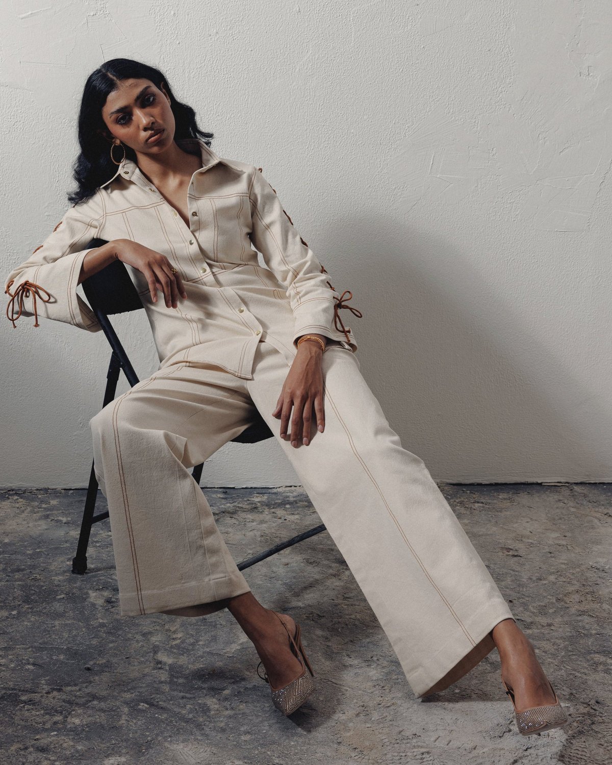 Cream Wide-Leg High-Rise Denim Trousers