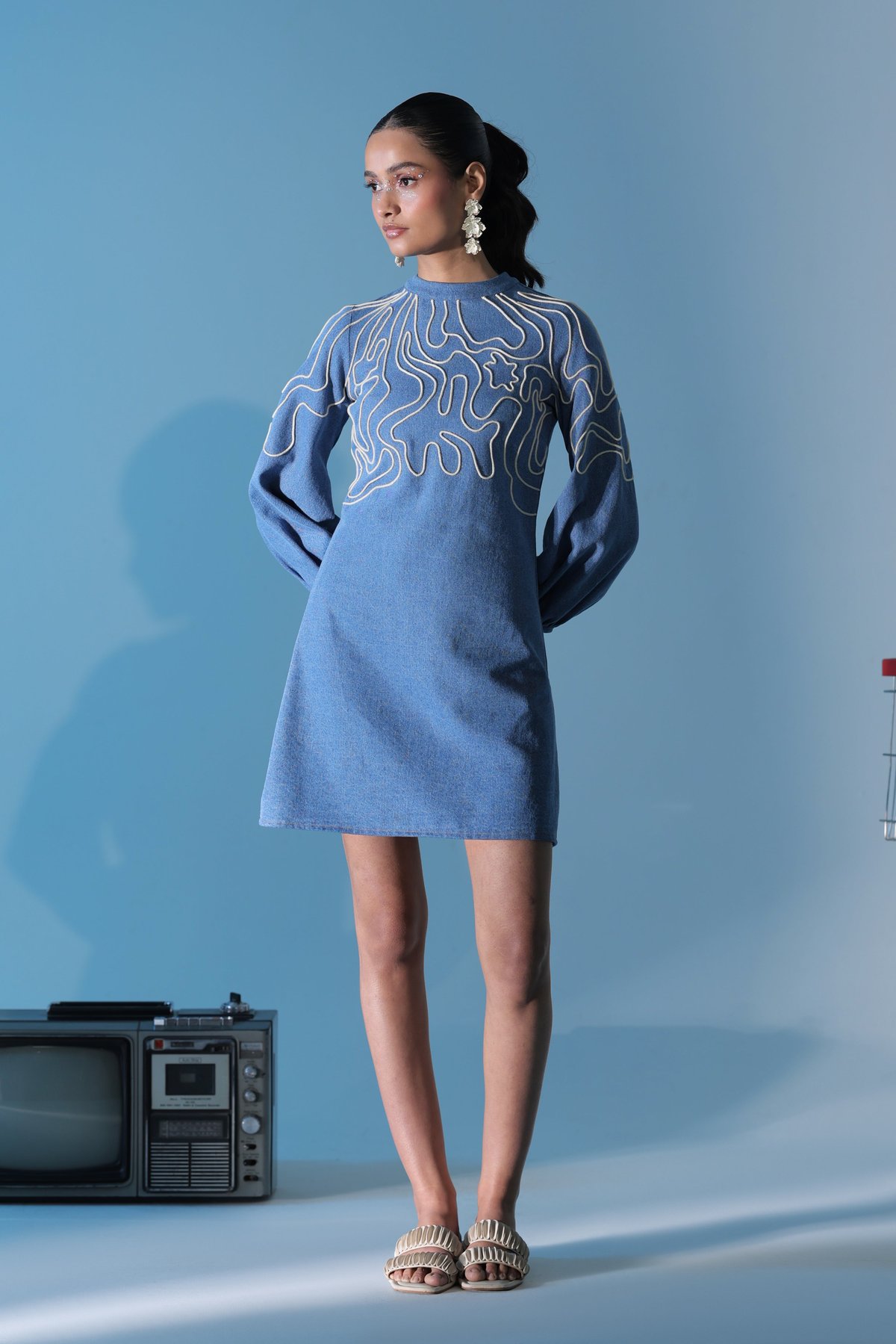 Blue Denim A-Line Mini Dress with High Neck