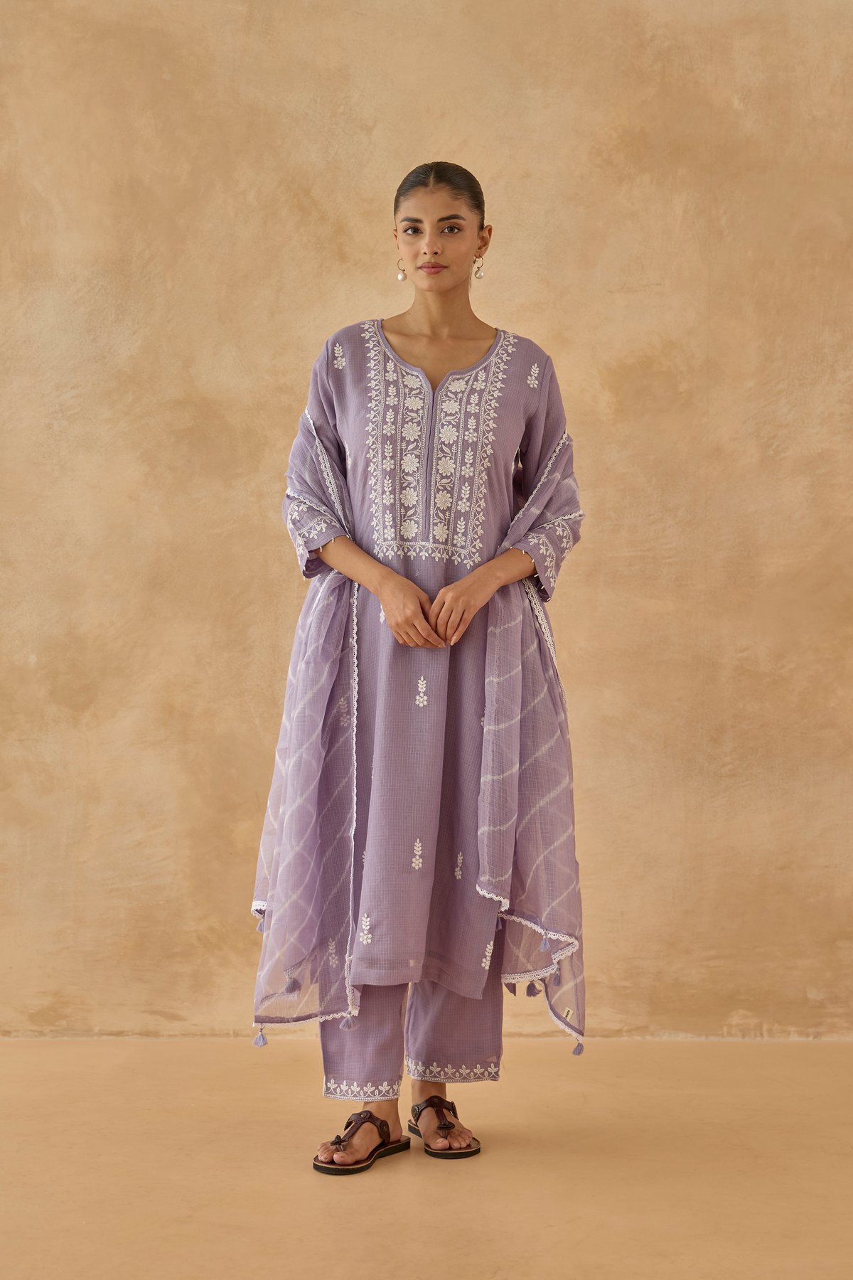Kota Doria Chikan Embroidery Kurta Set in Purple